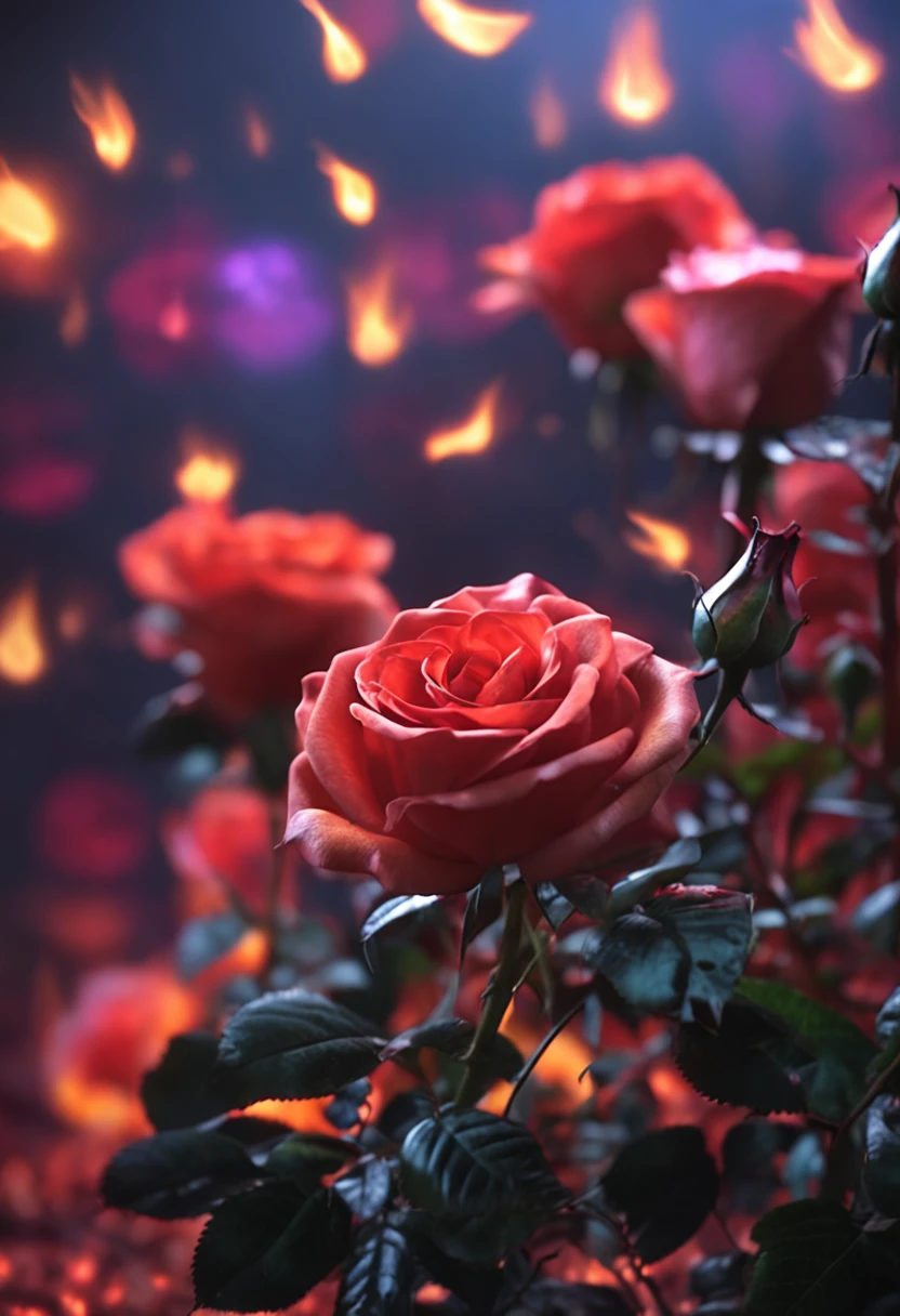 rose with fireflies that is burning in fire