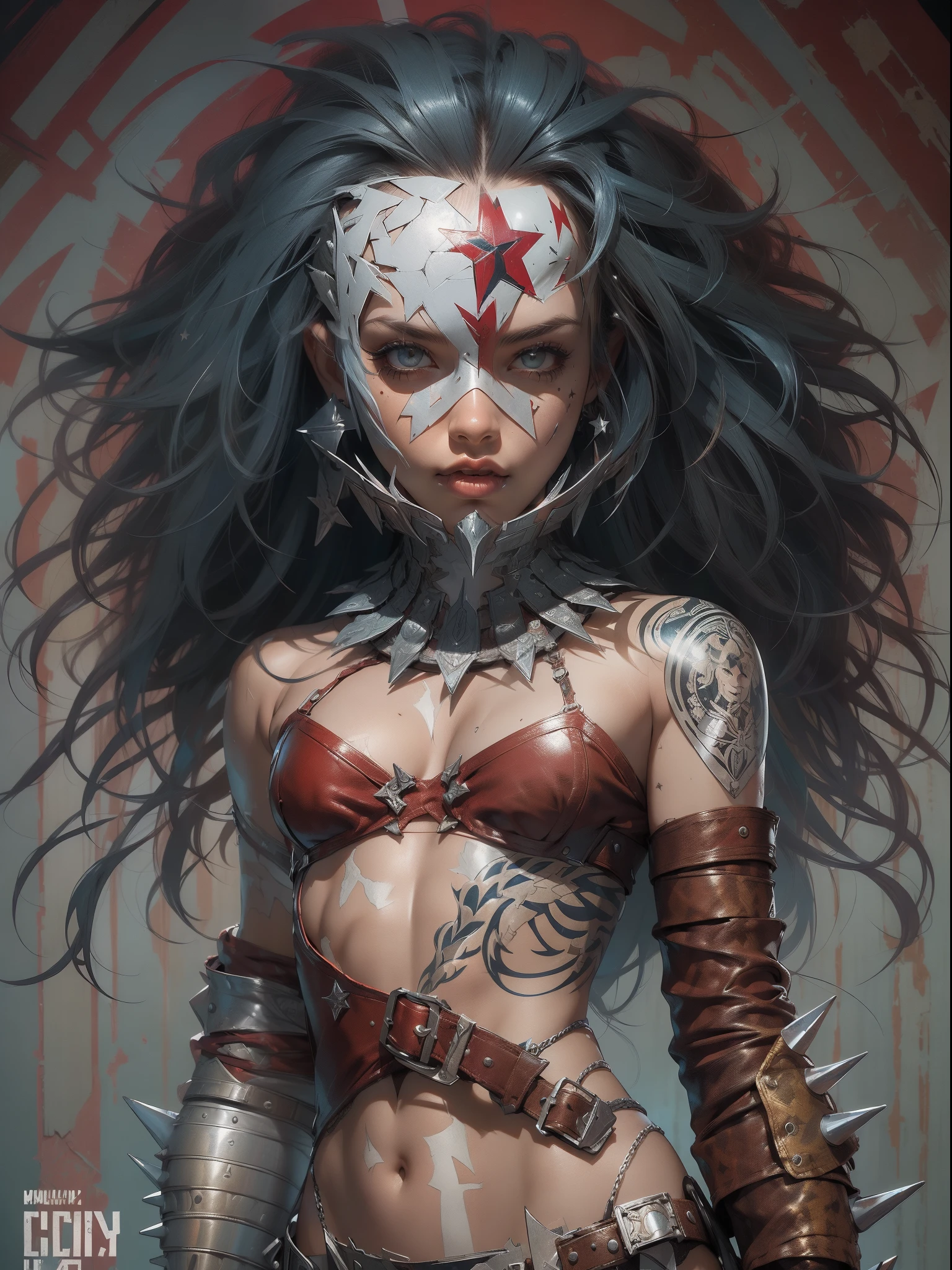 (((mulher))), (((melhor qualidade))), (((obra prima))), (((o))), (((1girl))), ((( corte de cabelo bob ))), Uma gladiadora cyberpunk mulher de 25 anos corpo perfeito, shoulder pads with metal spines, Gladiadores do Brooklyn, (( corte de cabelo bob )), tiny leather panties,ta de time de rugby rasgada, quase nua no estilo selvagem urbano de Simon Bisley para a capa da revista Heavy Metal, Cabelo loiro curto, Minimum clothing, Metal protection on the left arm with intricate graphics, Dark red with white stars and zigzag striped pattern, azul marinho e branco, armadura, cheio de espinhos, (((do joelho pra cima))), cabelos loiro branco curto, no fundo uma parede pintada por Shepard Fairey com um design intrincado