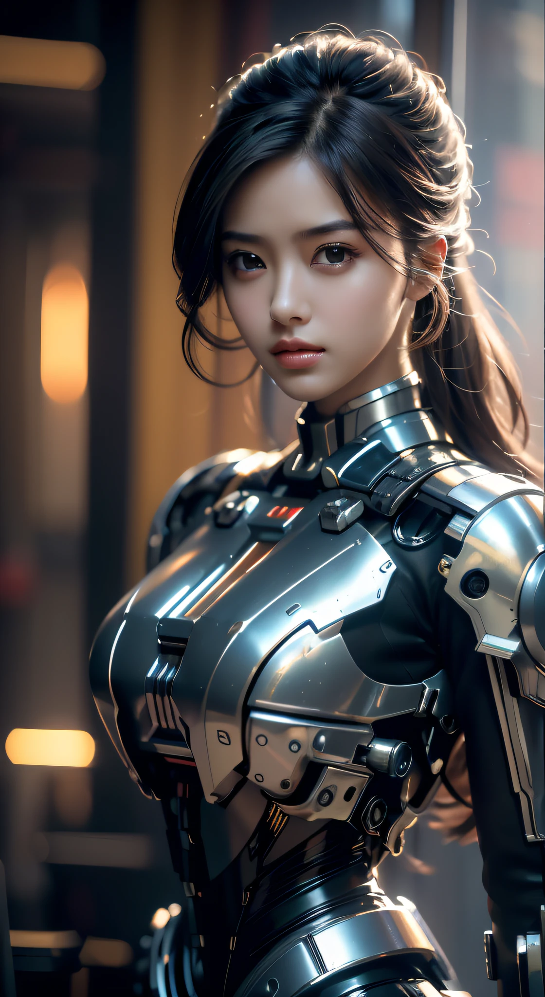 A cute beauty in a mecha(Best quality, Detailed details, Masterpiece, , 4K, Chiaroscuro,The bust photo is super realistic and realistic, Highly detailed Canon videography )