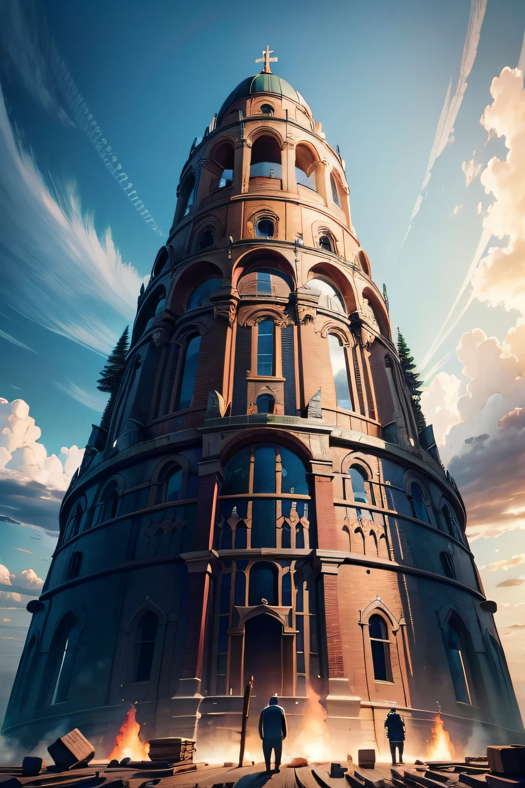 LUMBERJACKS MEN BUILDING AND WORKING ON BUILDING THE TOWER OF BABEL OF THE BIBLE THEIR CLOTHES ARE 50 ANTIS OF CHRIST
