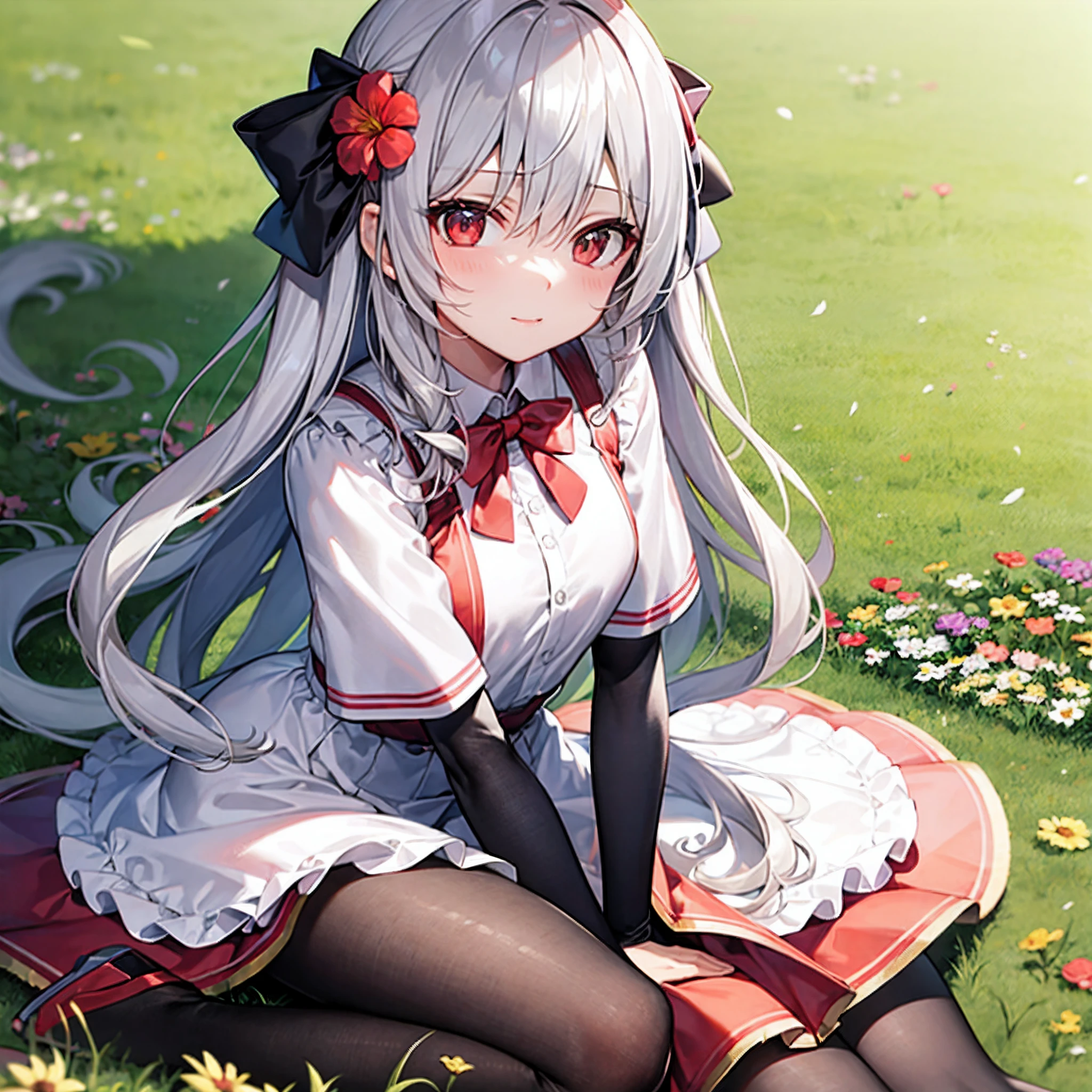 wavy gray hair、bow ribbon、red eyes、Beautiful girl alone、a miniskirt、Black tights、flower field、Sitting on the ground