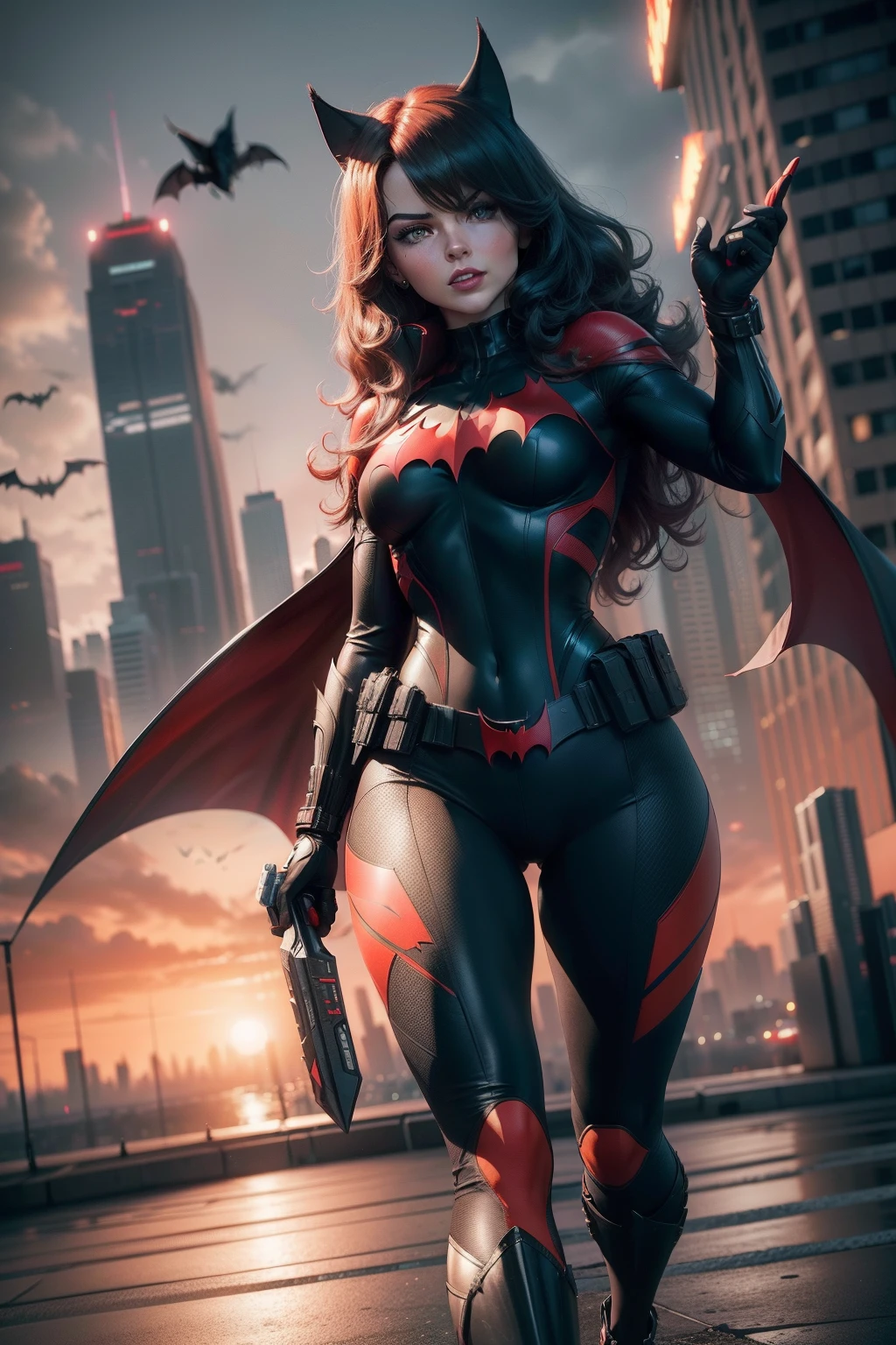 full body portrait of batwoman, in action pose, city background, mejor calidad, (belleza), (muy fino y hermoso), (Fondo de pantalla 8k con unidad CG extremadamente detallada, Obra maestra, La mejor calidad, Ultra detallado)