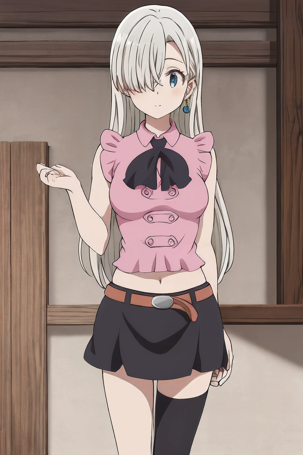 masterpiece, best quality, highres, hmeliza, 1girl, jewelry, single thighhigh, hair over one eye, midriff, black skirt, asymmetrical legwear, pink shirt, black thighhighs, belt, miniskirt, standing, cowboy shot,