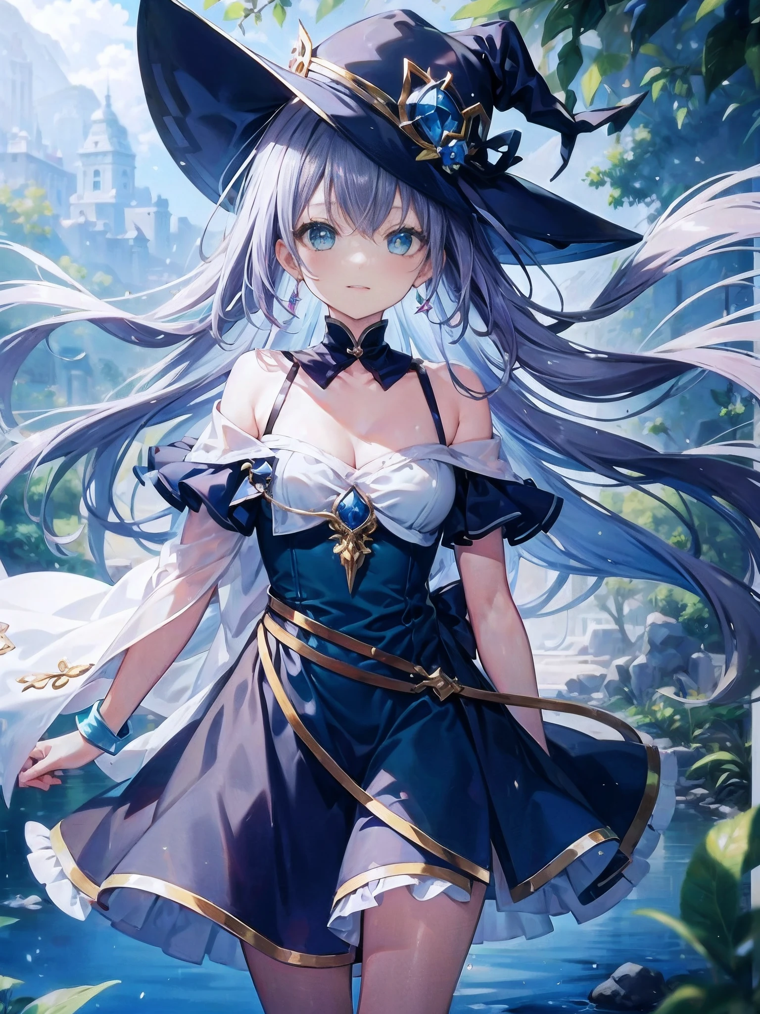 (((masterpiece)))、(((top-quality)))、((ultra-detailliert))、(illustratio)、((extremely delicate and beautiful))、、Bright smile、floating、Light purple hair、(Detailed light) (1girl in)、、独奏、The long-haired、The wind is blowing、A WORLD、(cute eye:1.5)、Dark magician girl, Dark Magician Girl, Blonde hair, Choker, (Green eyes:1.5), Long hair, BREAK bare shoulders, blue footwear, blush, blush stickers, cleavage, 鎖骨, duel monster, hat, off shoulders, pentacle, Wizard Hat, (Blue clothes:1.5), BREAK looking at viewer, BREAK outdoors, city, BREAK (masutepiece:1.2), Best Quality, High resolution, Unity 8k壁纸, (Illustration:0.8), (Beautiful detailed eyes:1.6), extra detailed face, Perfect Lighting, extremely details CG, (Perfect hands, Perfect Anatomy),