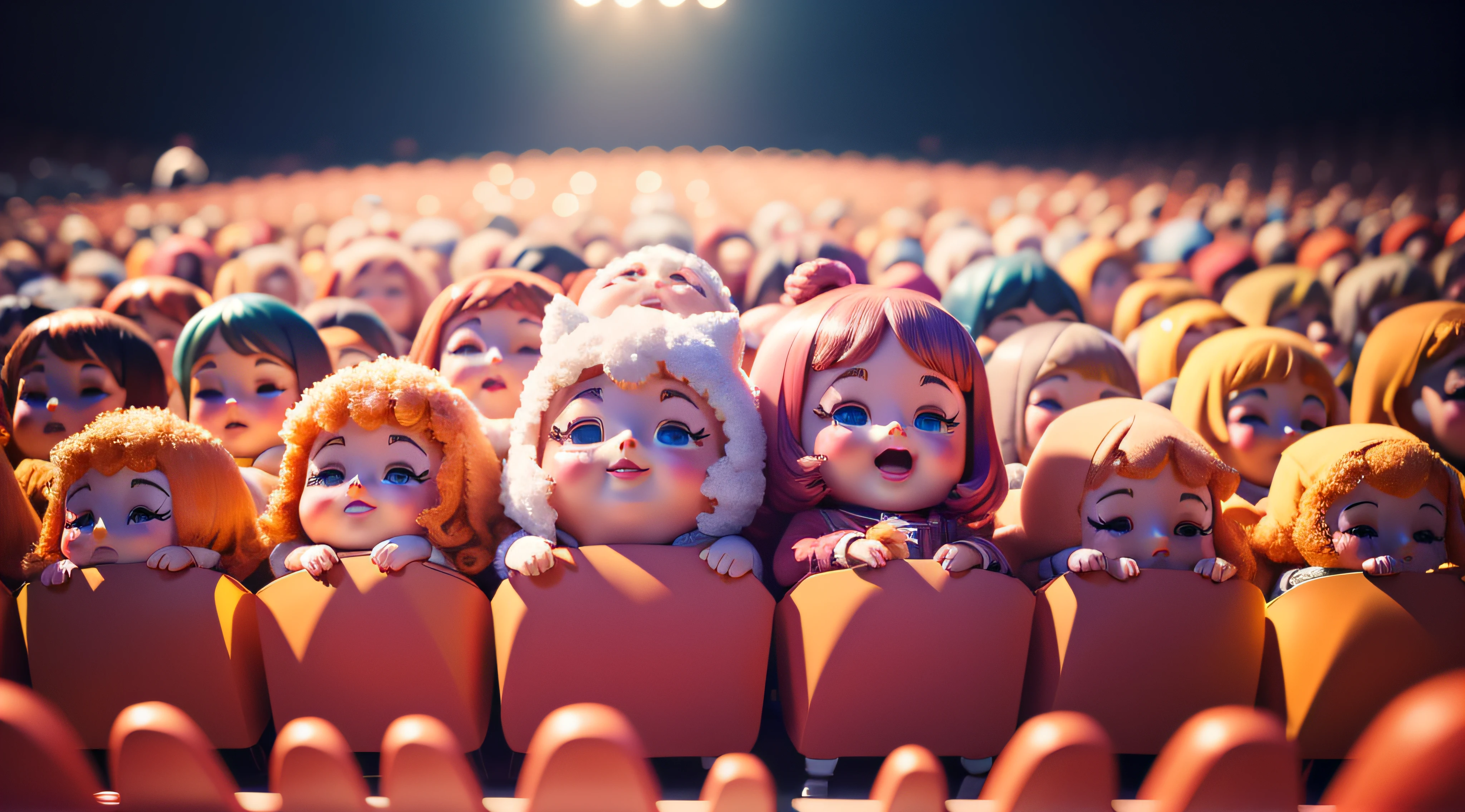 there are many happy hands up dolls sitting in a row in a theater, animated movie scene, animated film, 3 d animated movie, movie still 8 k, anime film still, animated movie, animated film still, cute 3 d render, animated movie still, several dolls in one photo, animated movie shot, anime movie scene, ! movie scene, animation film, trending on cg society