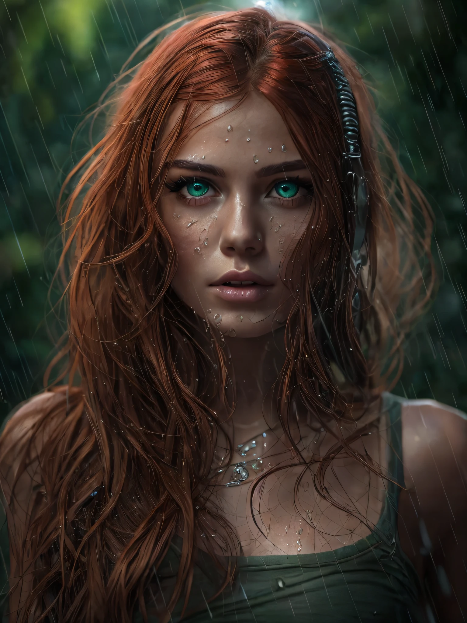 Full body from a fully naked, woman and green eyes, running in the Jungle realistic perfect face, beautiful woman face, red hair and makeup, perfect face model, Arabella mist-splitter, perfect face), beautiful lips:5 stylish, beautiful female face, attractive female face!!!, beautiful feminine face, beautiful makeup, perfect face! all wet on a rainy night, scared look, eerie, creepy, dark ambient, cinematic lights, ultra sharp focus, bird's eye view, high view, looking at the camera, raindrops.