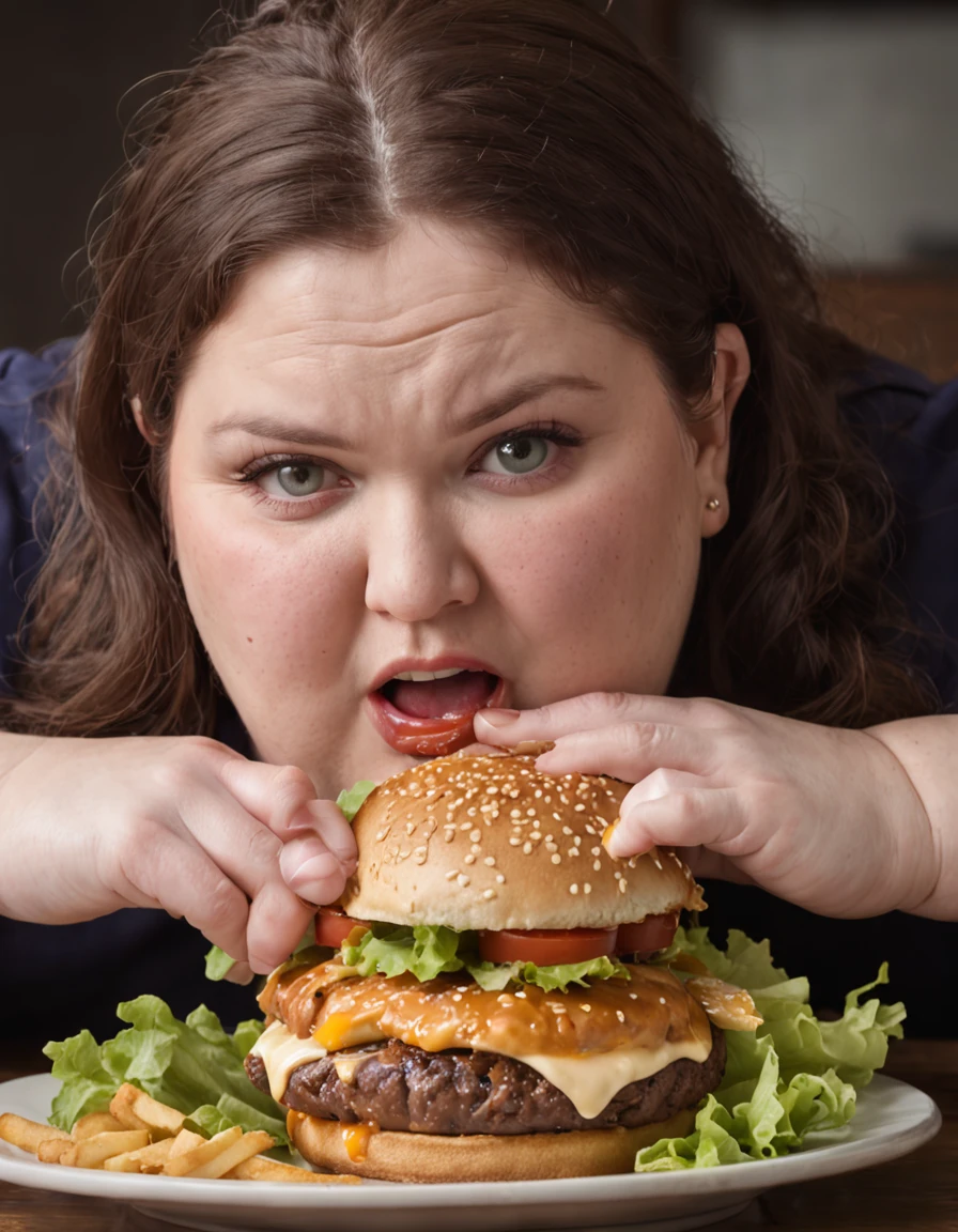 Extremely obese woman weighing 200 pounds biting into a burger desperately shocked expression on her face