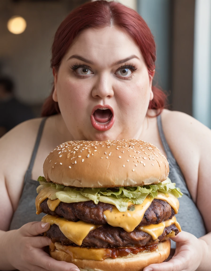 Extremely obese woman with 200 pounds biting into a burger Desperately wide eyes shocked expression on her face She is sitting in a restaurant