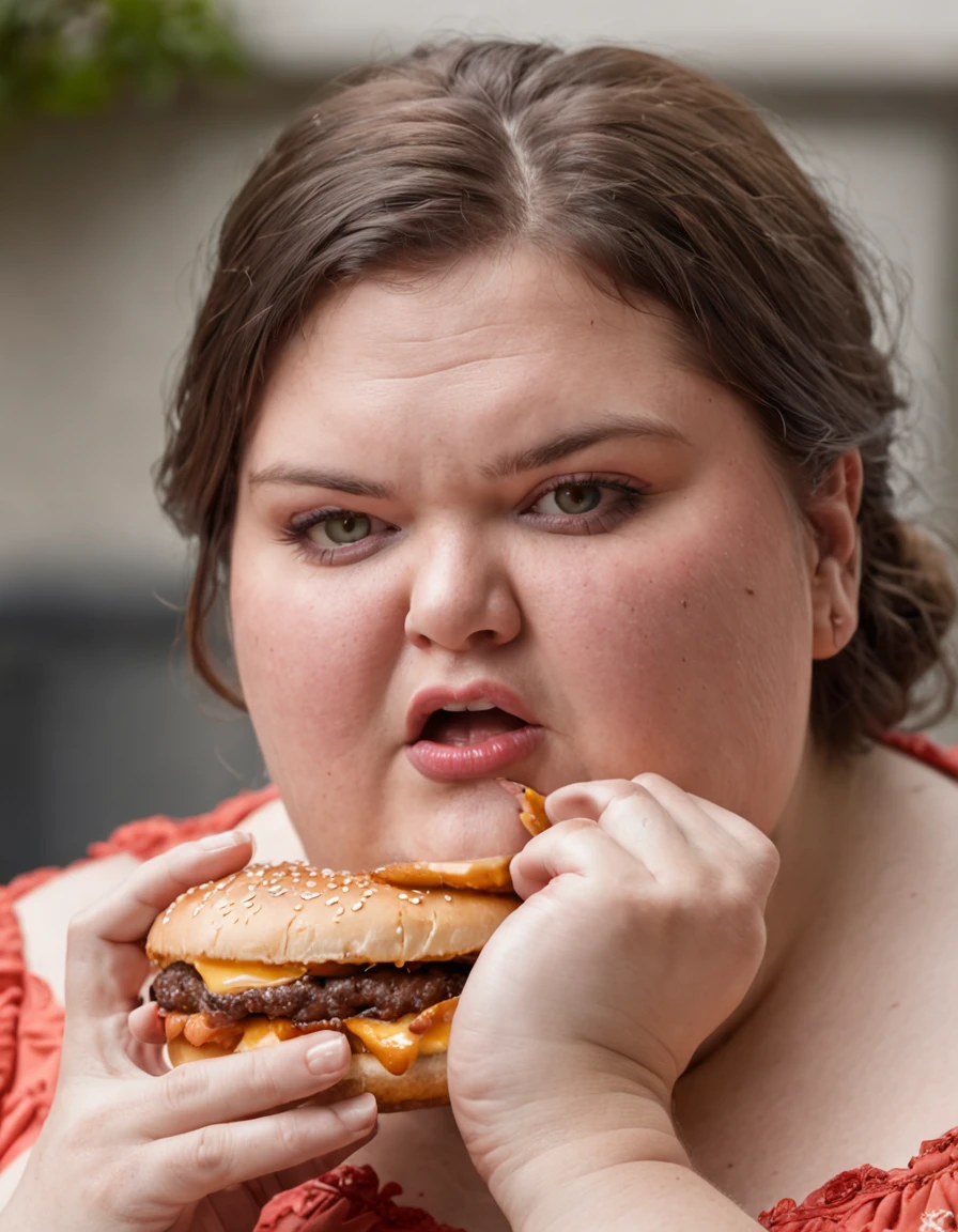 Extremely obese woman with 200 pounds biting into a burger Desperately wide eyes shocked expression on her face She is sitting in a restaurant