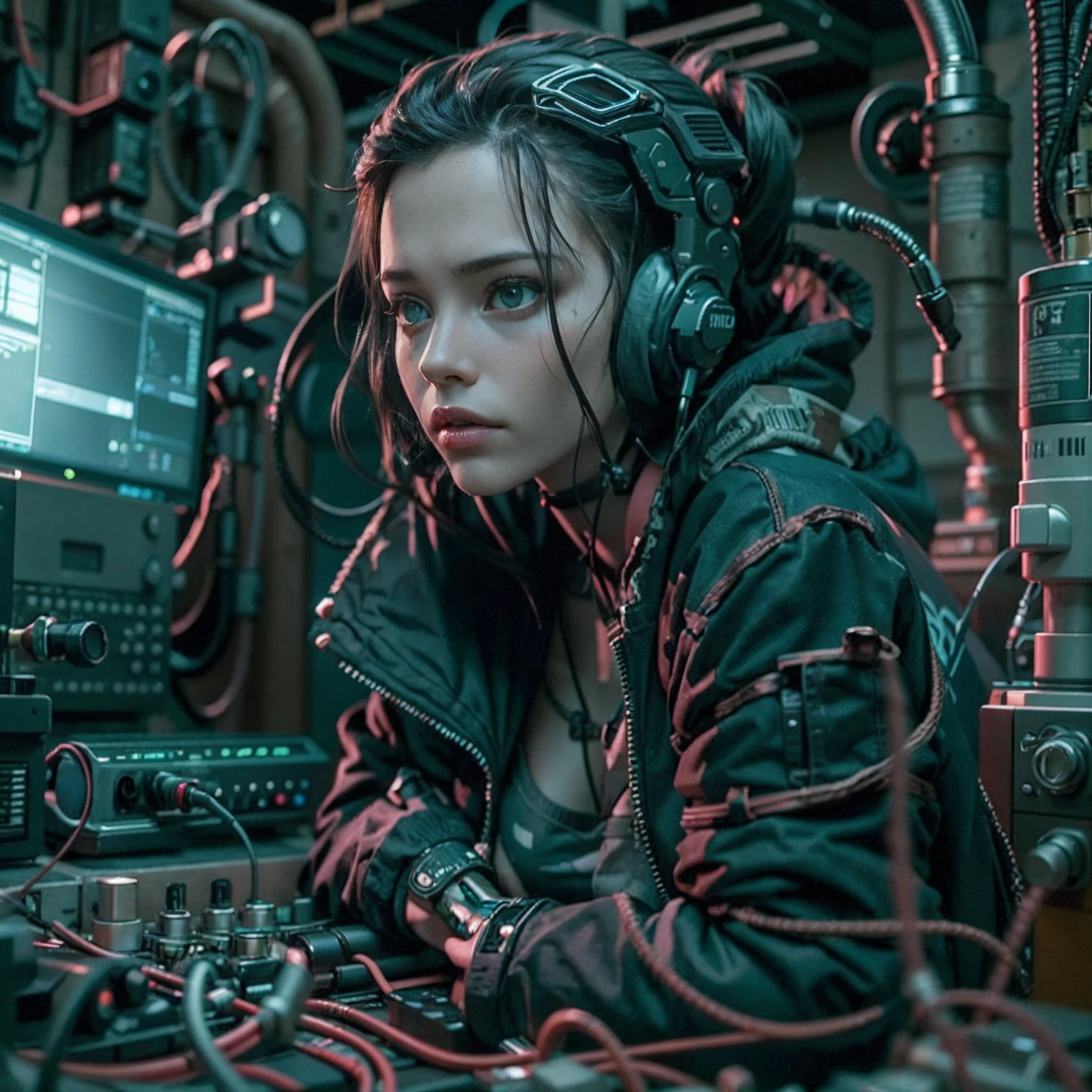 Foto realista, cinemactic, alta calidad, Chica Cyberpunk sentada frente a una computadora, in an abandoned room with cables and pipes, un ventilador de pared industrial, una ventana con una ciudad ciberpunk, ambiente oscuro, estilo matrix, estilo blade runner, cluttered room, computadoras y servidores, cables and pipes, ambiente industrial, neblina.