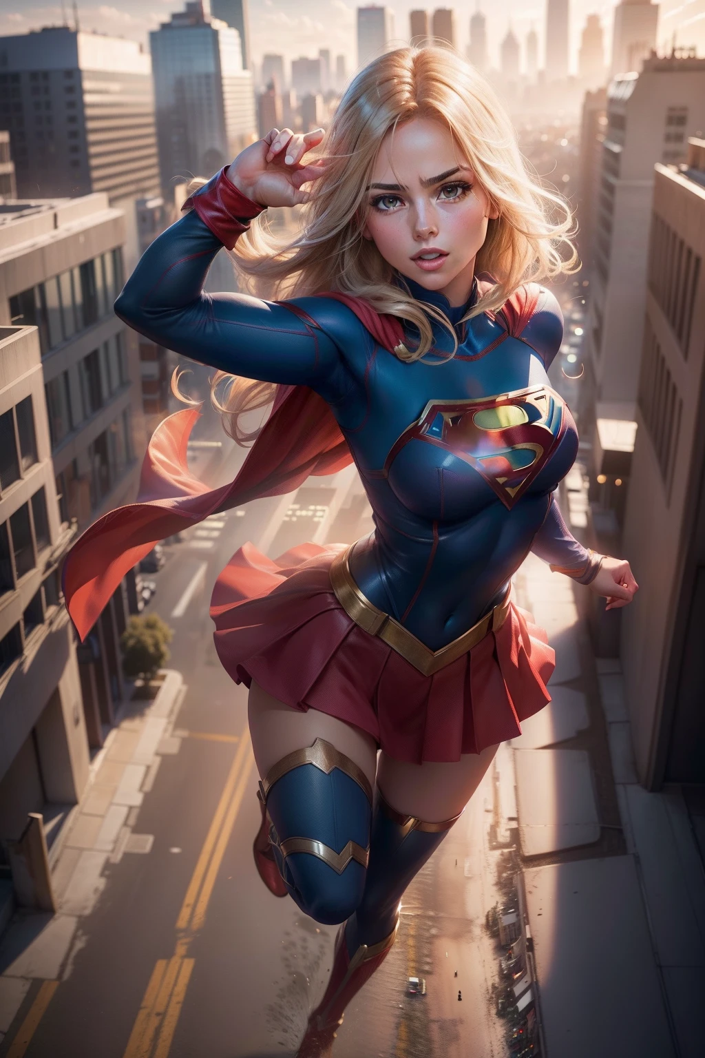 (cowboy shot), sfw, (work of art), (best qualityer:1.0), (ultra high resolution:1.0), detailedeyes,
BREAK Supergirl, 1 girl, long blonde hair, mid-air, flying hair band, \(offwhite\) top cut, manga curta, layer, blue pencil skirt, mitts, BREAK boots
(clouds, citys, stunning vista)