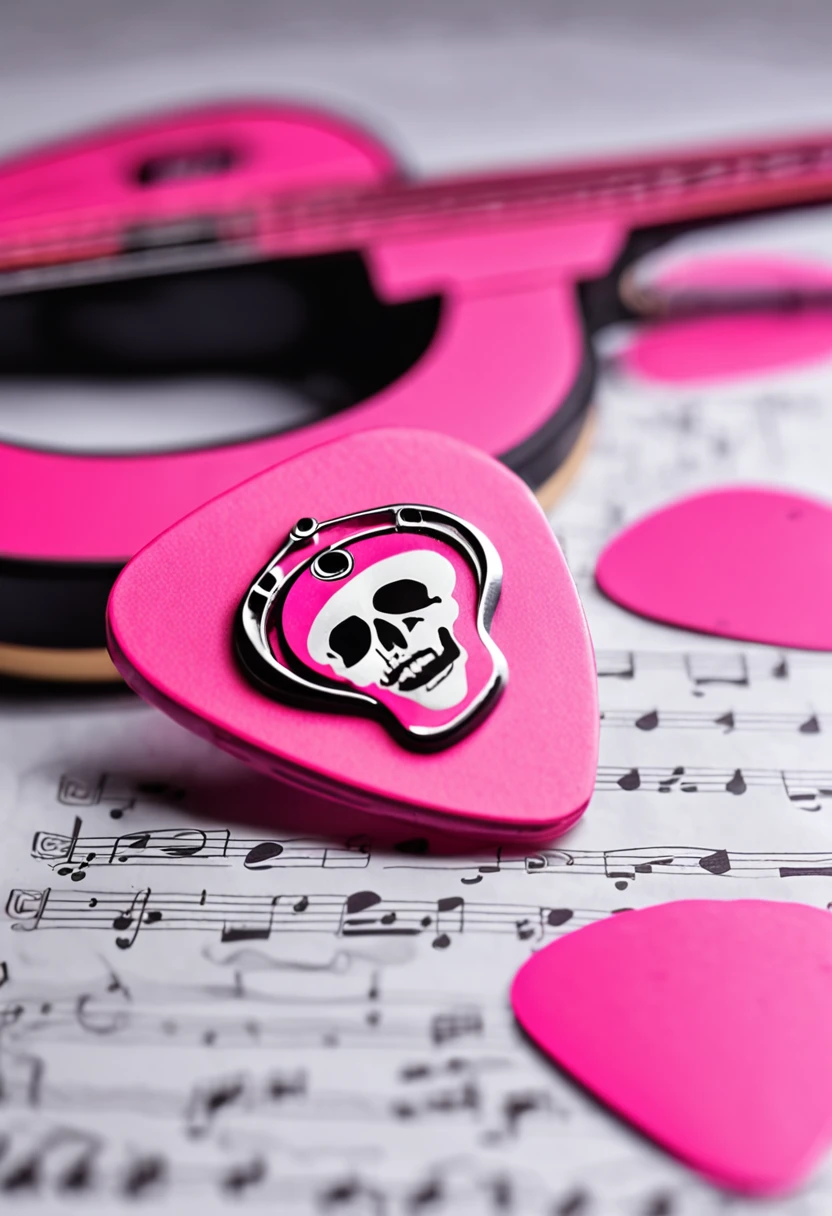 pink guitar pick on a white background with a skull with headphones sticking out musical notes