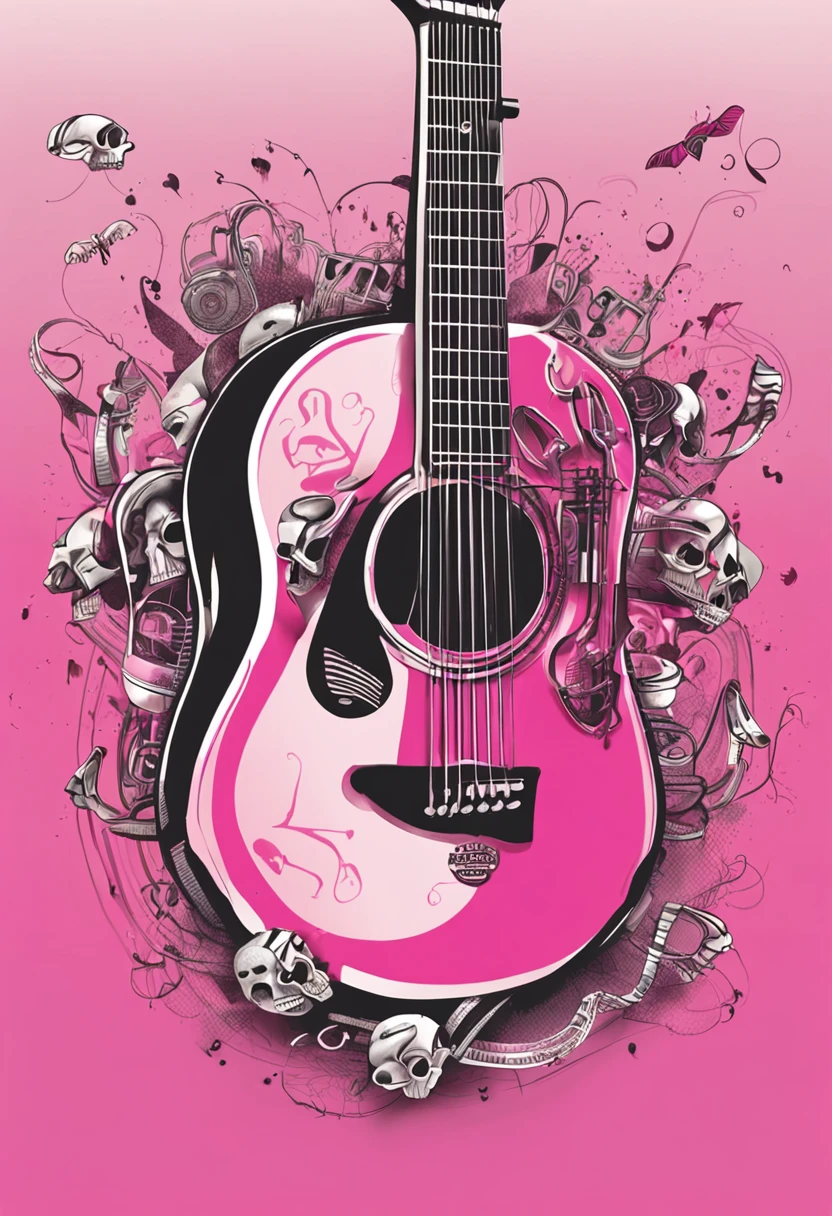 pink guitar pick on a white background with a skull with headphones sticking out musical notes