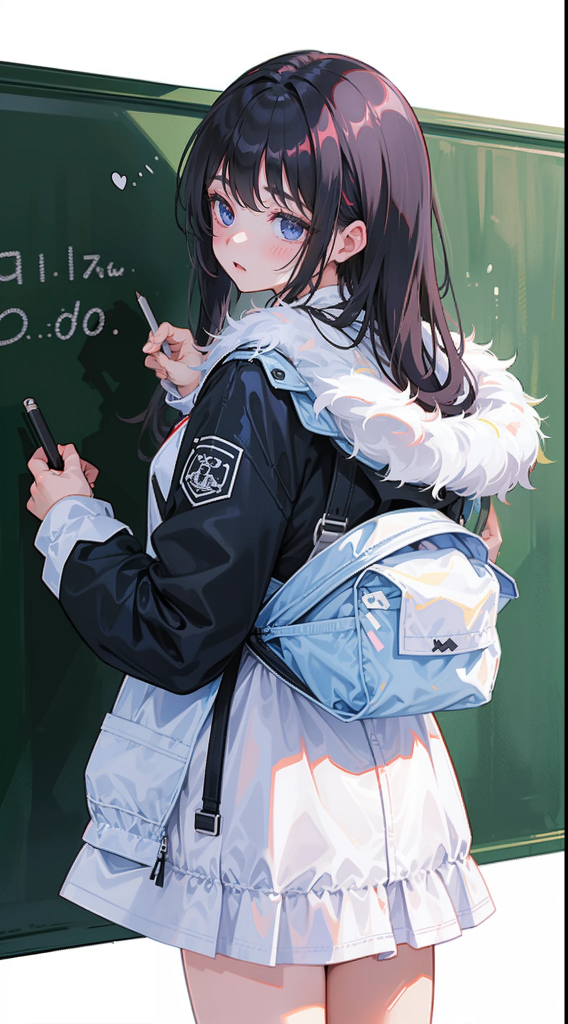 Girl with long hair、Rear view、parka、Write on the chalkboard、Shot from a distance