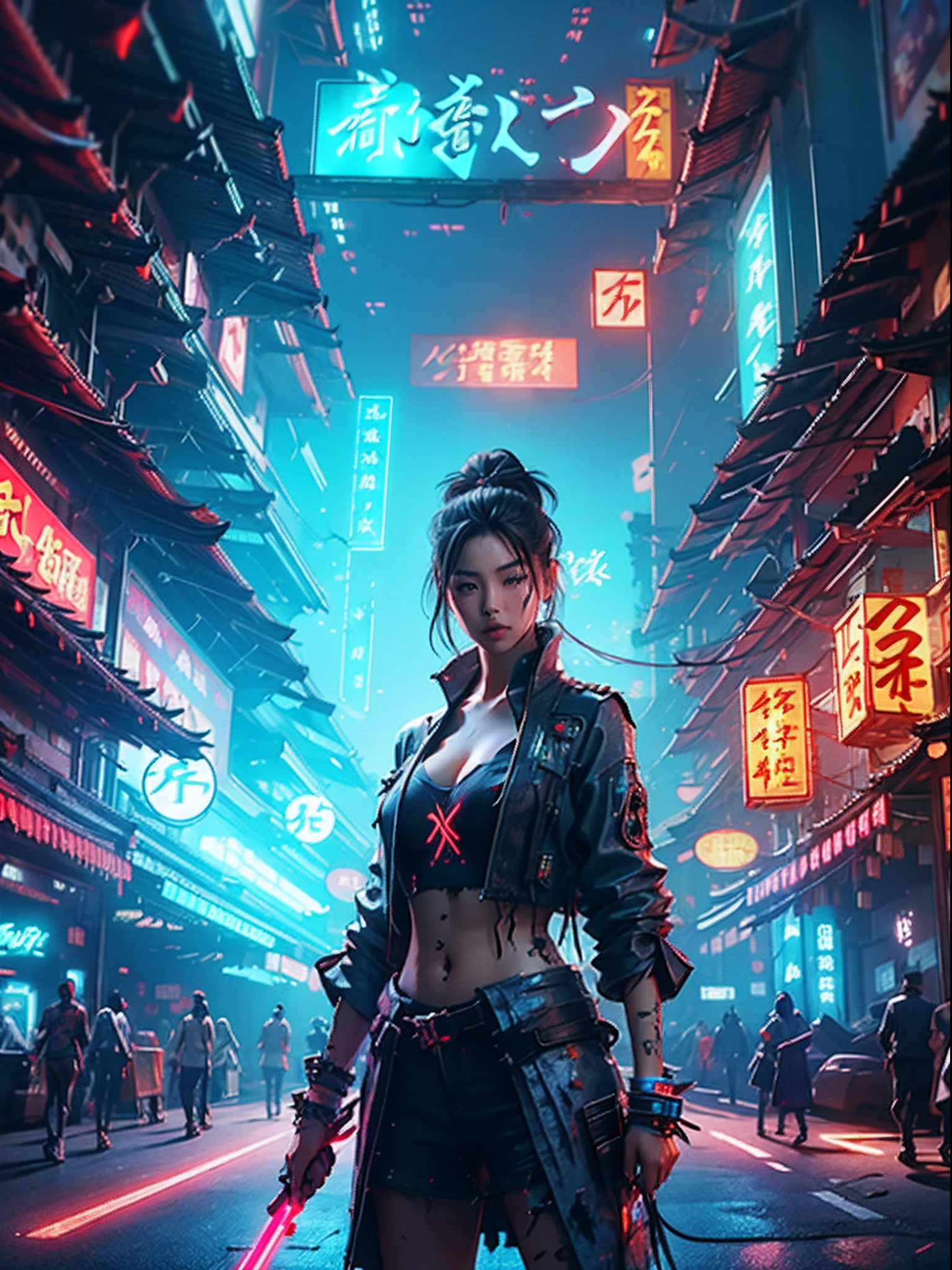 1 cyberpunk girl, Best quality, masterpiece, ultra high res, (photorealistic:1.4), long shapeless hair, xiuxian, weapon, cleavage, (glowing neon lights:1.2),xiuxian, cowboy shot, ((east asian cyberpunk architecture)), cinematic lighting.