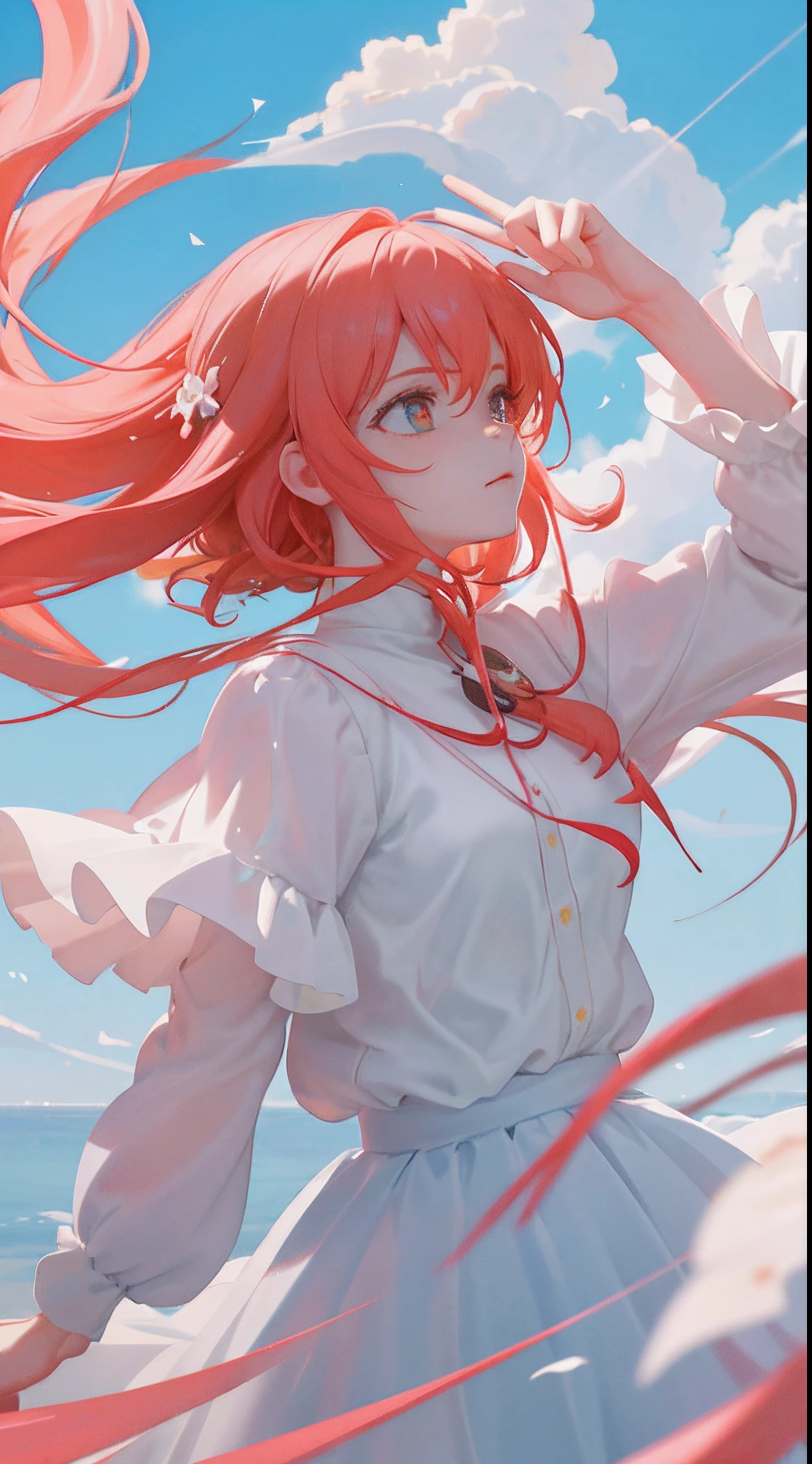 master part, best quality, Fotos de filmes, 1girl, floating into the sky, menina da nuvem, nuvem, (Close-up: 1.1), brilhante, Feliz, Funny, soft lighting, Pale red river hair, sorrir, borboleta rosa e flores