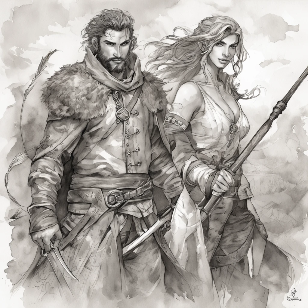realistic - illustration - pencil art - anime - man ((Branco)), ((guerreiro medieval)), ((dnd)), ((Dungeon and Dragons)), senhor do caos, mestre da magia, guerreiro, em pose imponente, with enigmatic look, cabelo preto, medium wearing adventurer's leather clothes, Rustic, The clothes are worn and dirty due to various battles, In the right hand is shining the magical power, ((magia)), ao fundo encontra-se uma vale, com montanhas e floresta no fundo, noite clara com lua cheia.