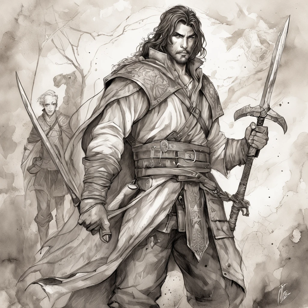 realistic - illustration - pencil art - anime - man ((Branco)), ((guerreiro medieval)), ((dnd)), ((Dungeon and Dragons)), senhor do caos, mestre da magia, guerreiro, em pose imponente, with enigmatic look, cabelo preto, medium wearing adventurer's leather clothes, Rustic, The clothes are worn and dirty due to various battles, In the right hand is shining the magical power, ((magia)), ao fundo encontra-se uma vale, com montanhas e floresta no fundo, noite clara com lua cheia.