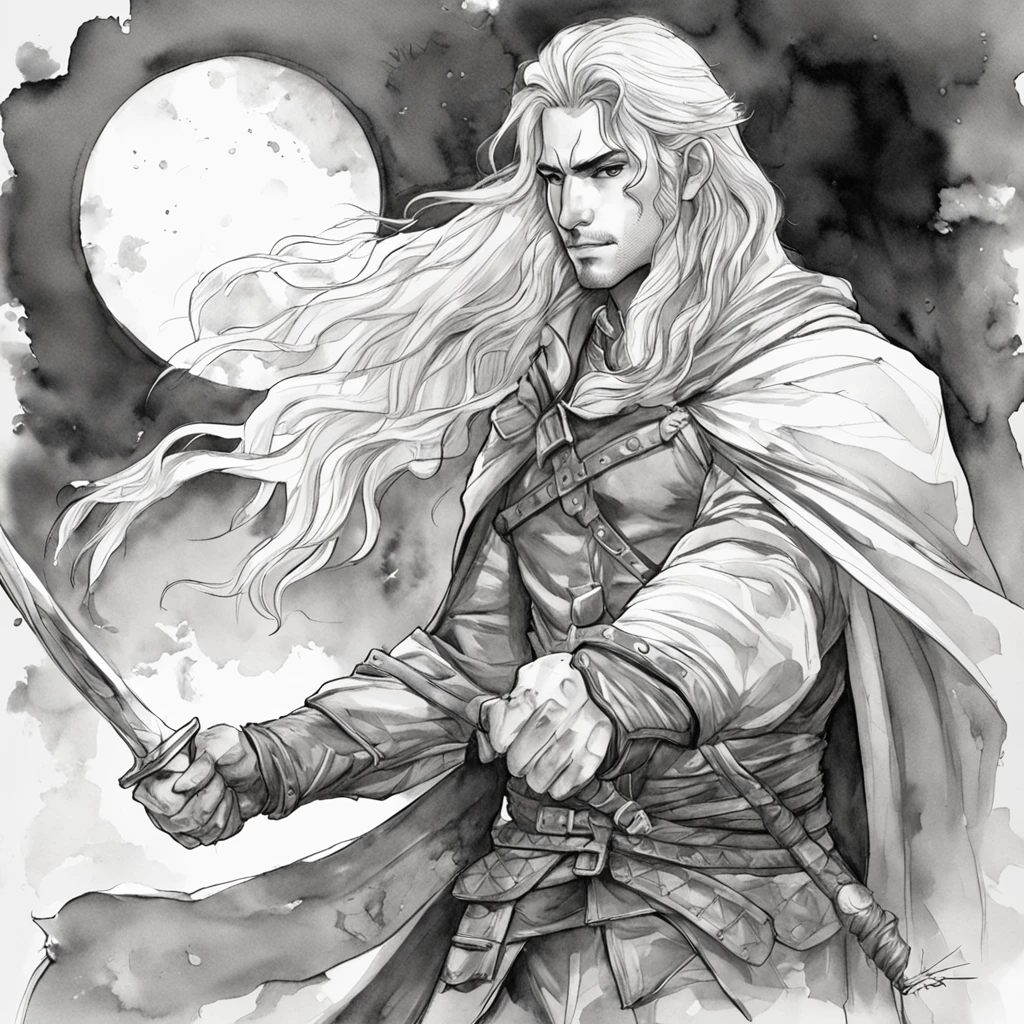 realistic - illustration - pencil art - anime - man ((Branco)), ((guerreiro medieval)), ((dnd)), ((Dungeon and Dragons)), senhor do caos, mestre da magia, guerreiro, em pose imponente, with enigmatic look, cabelo preto, medium wearing adventurer's leather clothes, Rustic, The clothes are worn and dirty due to various battles, In the right hand is shining the magical power, ((magia)), ao fundo encontra-se uma vale, com montanhas e floresta no fundo, noite clara com lua cheia.