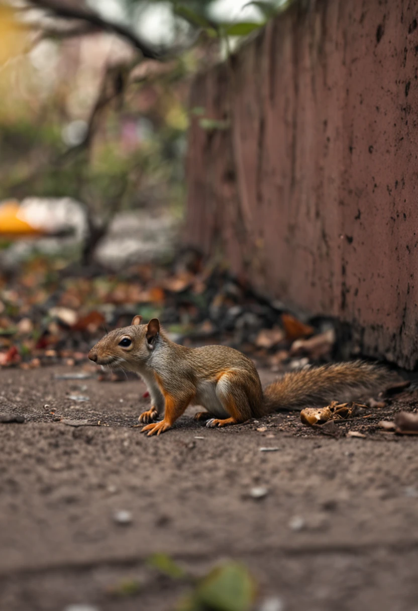 a malnourished squirrel on a street in the USA lying on the ground thirsty and very mistreated