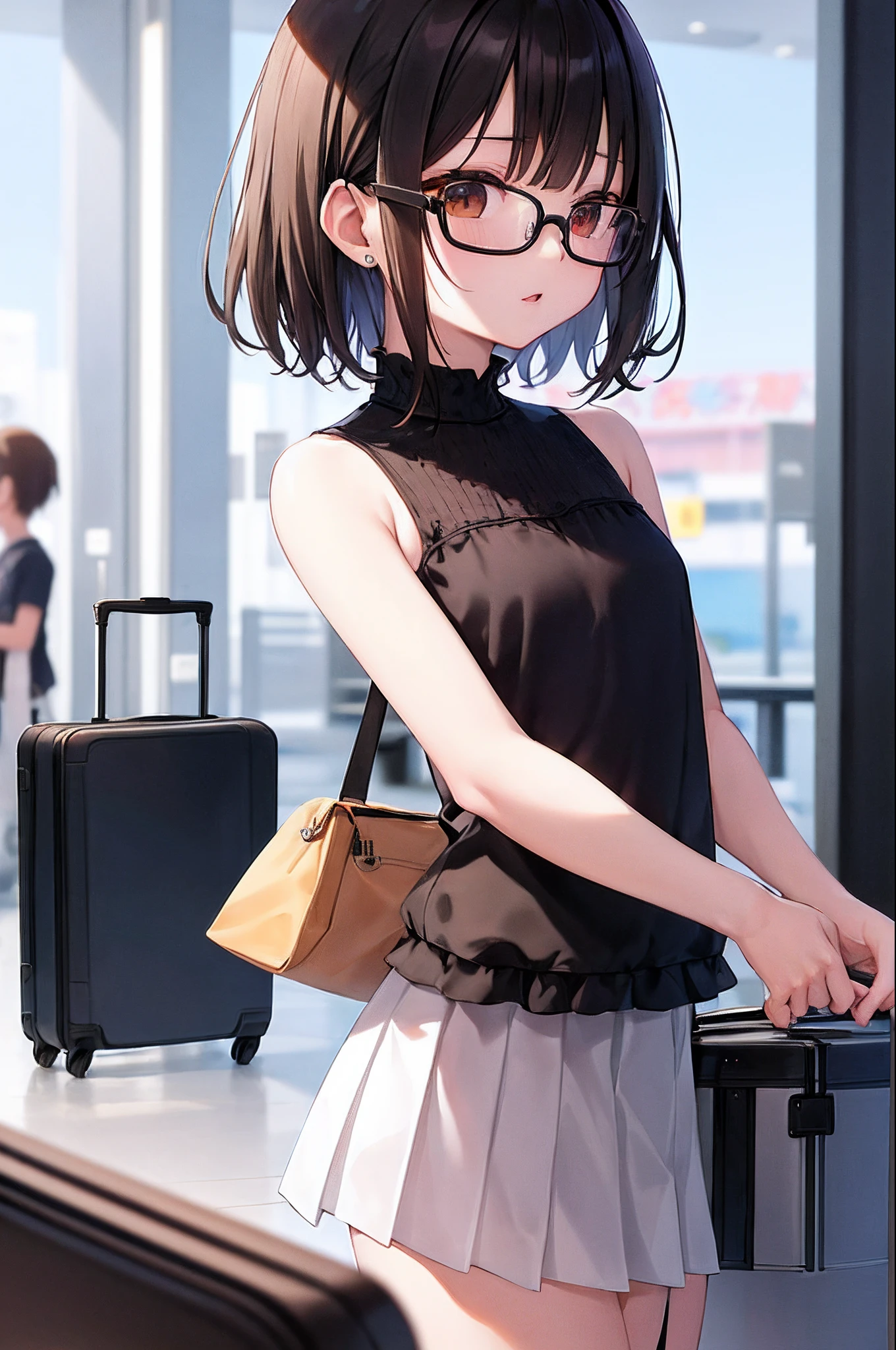 (masutepiece, Best Quality, Capture super cute moments, depth of fields, ultra-detailliert, Ultra High Resolution, C4D, Octadale, 3D Modeling, 8K, 16 K, one girls、a junior high school student、A dark-haired、short-hair、straight haired、Light brown eyes、hair adornments、wearing black glasses、kawaii faces)、airport、I see the plane、from the rear、Roll the suitcase、Onepiece