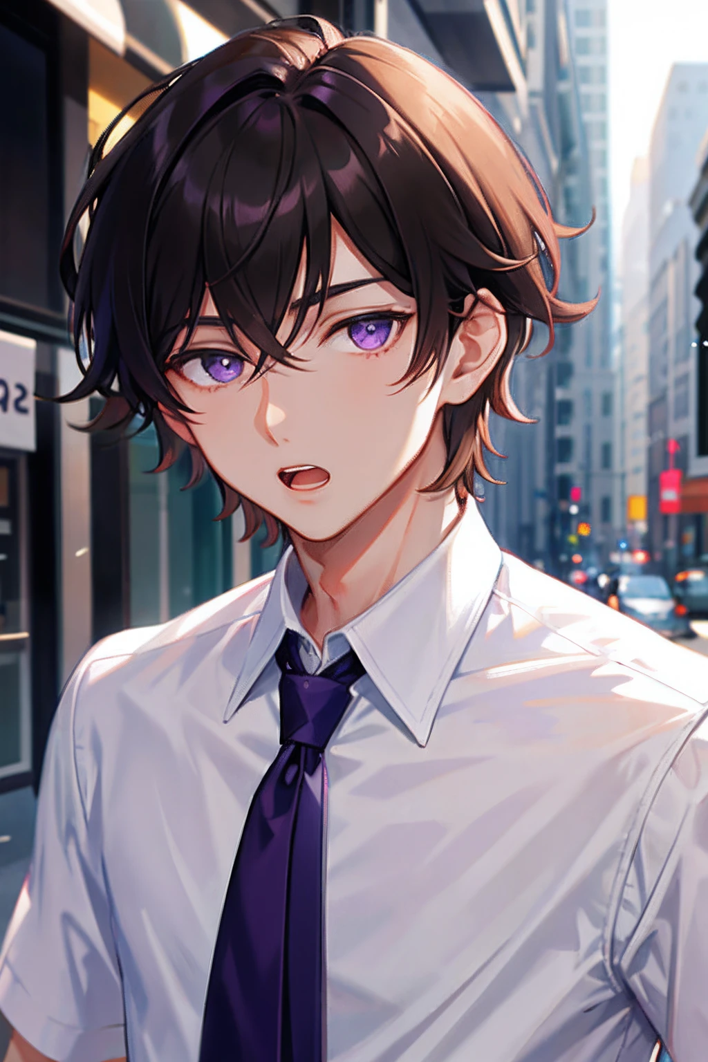 1 boy, handsome boy, brown hair, short hair, hair between eyes, street style,, shiny, purple eyes, looking at viewer, upper body, white_background, open your mouth wide, white collared shirt