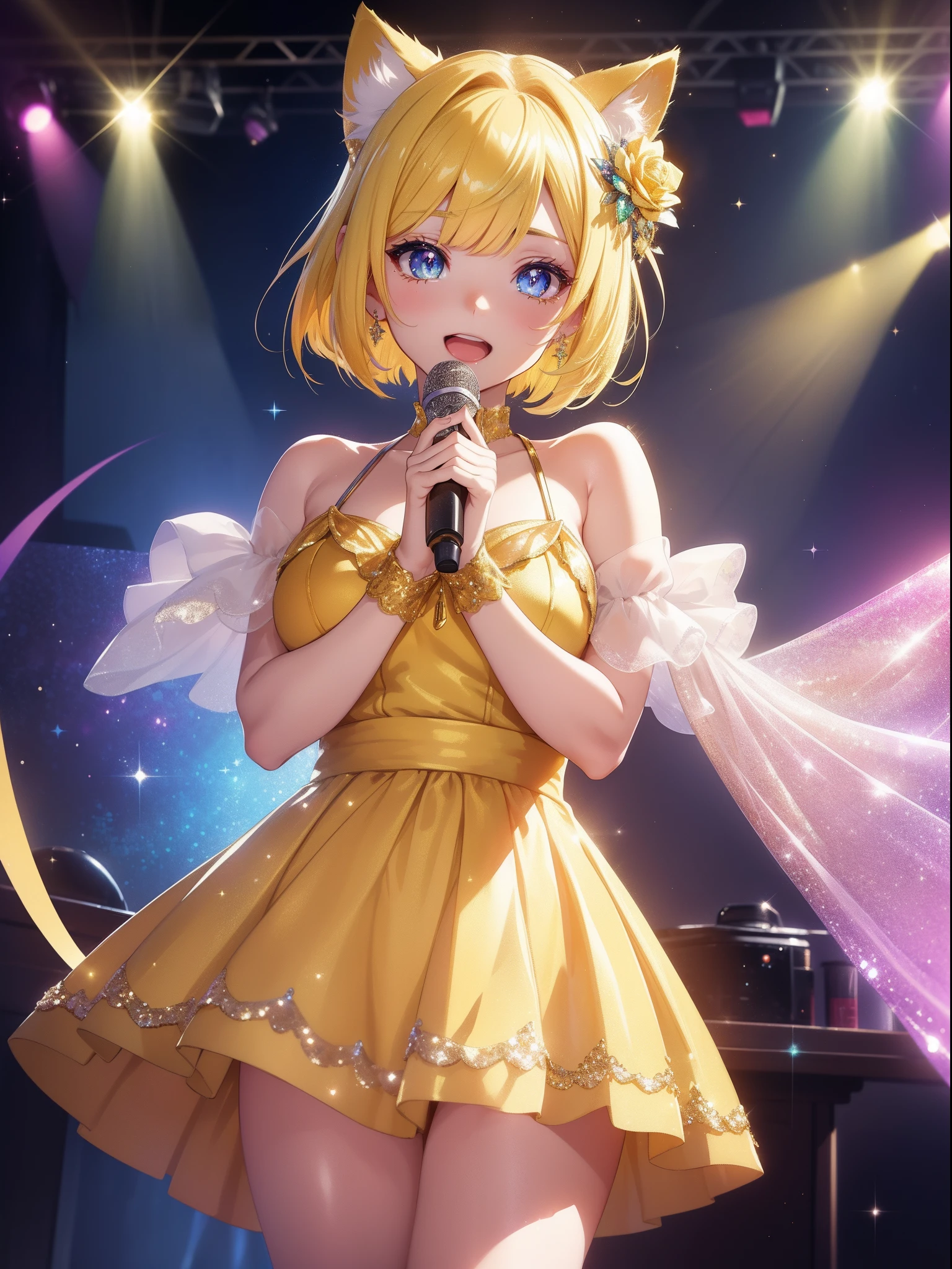 masutepiece, High resolution, 8K, anime woman, Delicate and detailed writing 、Detailed digital illustration、Short hair、perm、bob cuts、Shiny hair、Bangs、a very beautiful woman、Eyes are double, Large, Bust is D cup、High image quality, High quality、Detailed background、(((Wearing idol clothes)))、((Glittering live stage backdrop))、The inside of the eye shines like a diamond、Light yellow hair、Gradient pupil、(((2 arms、4 fingers, 1 thumb)))、Detailed female face、Very beautiful and cute woman、、细致背景、masterpiece、Soft Focus , Bright gradient watercolor , Lens Flare , (((Glitter))) , Glow , Dreamy , (((Holding a glitter microphone in your hand)))、a miniskirt、Idol、Yellow Ribbon、Very beautiful yellow rose hair accessories、Yellow and gold costume with white as the main color、((Straight at the angle of the front))、Glitter Cat Ear Headband、(((Take an idle pose)))、lively girl
