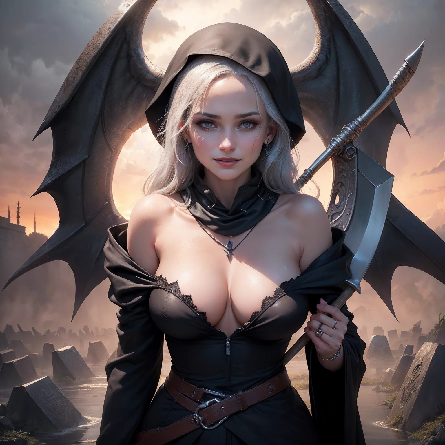 (Numerous award-winning masterpieces, with incredible detail, textures and maximum detail), (hyper realistic:1.4), (realistic:1.3), (upper body up:0.3), (best quality real texture skin), (finely detailed true circle eyes), (finely Detailed and beautiful face:1.4), (Aesthetic and decadent image:1.5), (grim reaper:1.4), (icy look in the eye), (she has a nasty smile on her face but her eyes aren't smiling:1.3), (whole body image:1.5), (It has a soul-reaping scythe in its hand:1.5), (Eyes that glow red in the dark), (Dramatic Light), sacrificial altar, (A majestic sight), (Magic Circle of Ominous Shine:1.3), Her countenance is gentle and beautiful, but somehow terrifying, (Large wings with ragged black feathers behind shoulders:1.3), (whole body image:1.5), (Wears a dark black hooded robe with intricate patterns:1.2), (A sack containing reaped souls with a faint glow:1.5), Folded wings, Earrings with a skull pattern, (Followed by Skeleton Reaper: 1.3), (((dramatic photo))), (twilight), (sunset), (dusk), ((dramatic pose)), (flamboyant photo), (golden hair), (silver hair), (chestnut hair), ((looks up)), ((looking down)), (whole body image:1.5), (Around her neck is a simple necklace of exquisite workmanship), Forgotten Tomb Overgrown with Vegetation, Great Tomb, Underground Labyrinth, Evil Temple Ruins, Sacrificial Temple, Mysteriously, Ancient Castle Ruins, Deserted Graveyard Ruins, Crumbled Ancient Tomb, Stagnant Water Ancient Ruins, Swamp Ruins, wavelets, running water, Shining majestic cloud masses and sky, lightning bolt,