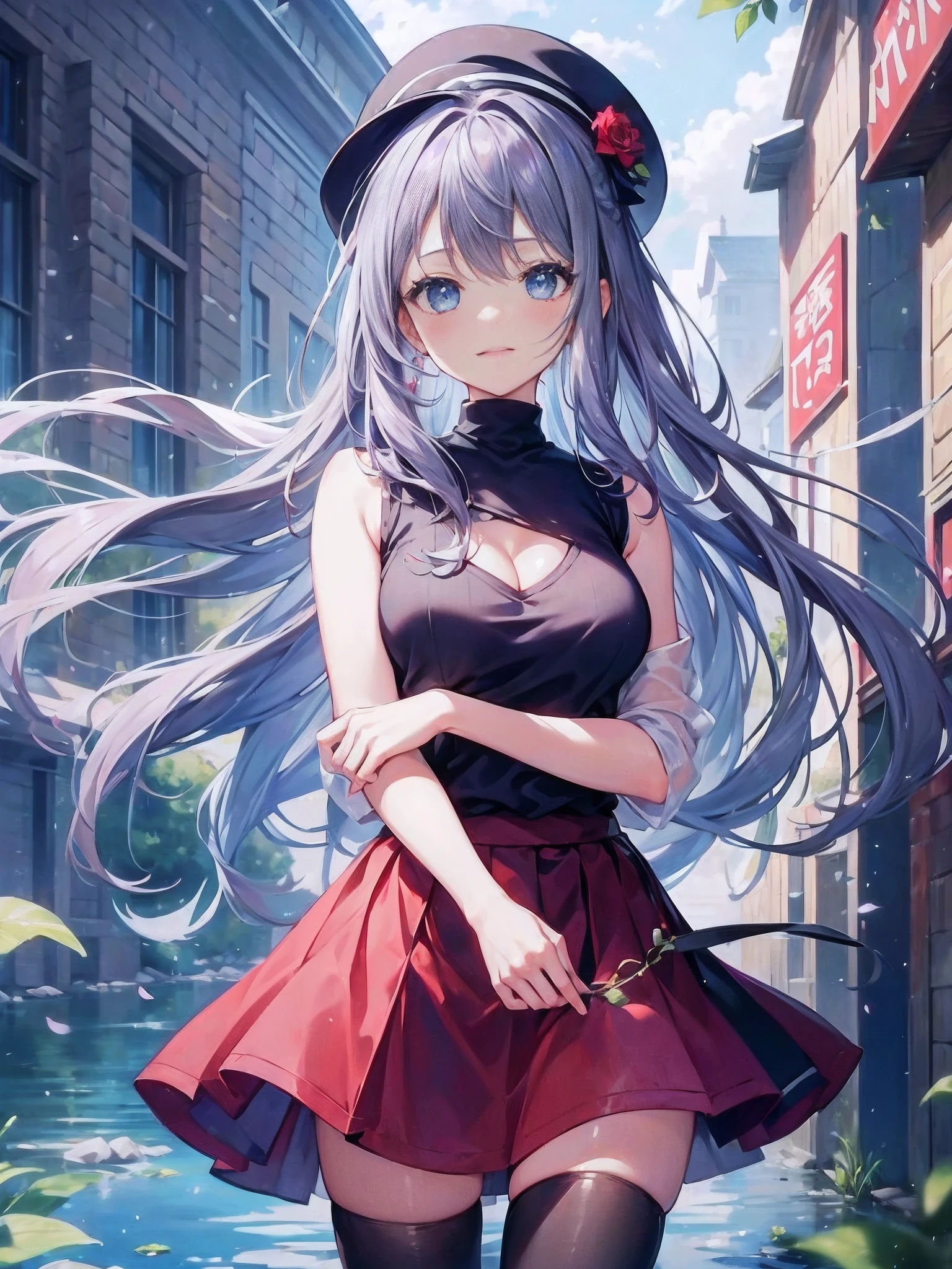 (((masterpiece)))、(((top-quality)))、((ultra-detailliert))、(illustratio)、((extremely delicate and beautiful))、、Bright smile、floating、Light purple hair、(Detailed light) (1girl in)、、独奏、The long-haired、The wind is blowing、A WORLD、(cute eye:1.5)、Wizard Hat, red blush, blush stickers, cleavage of the breast, bare shoulders, doress, off shoulders, cowboy shot, is standing, , Hi-Res, Serena\(A pokémon\), shorth hair, blue eyess, 1girl in, Gray hat, 独奏, sleeveless turtleneck, jewely, 耳环, Sweater Vest, a red skirt, black thighhighs, Eye lashes, grey sweater, pleatedskirt, bangss, turtle necked sweater, Street,