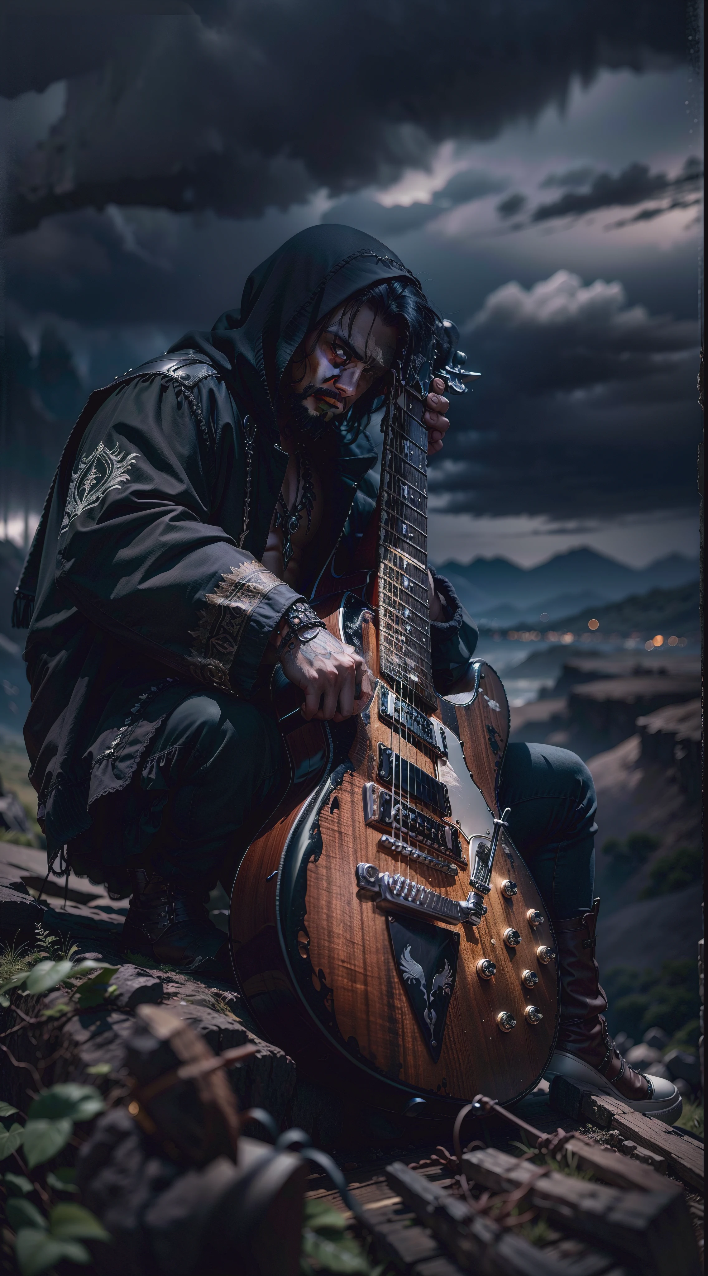 ceifador sentado sobre uma montanha de guitarras,dark,gothic,hdr,uhd,8k,sharpness