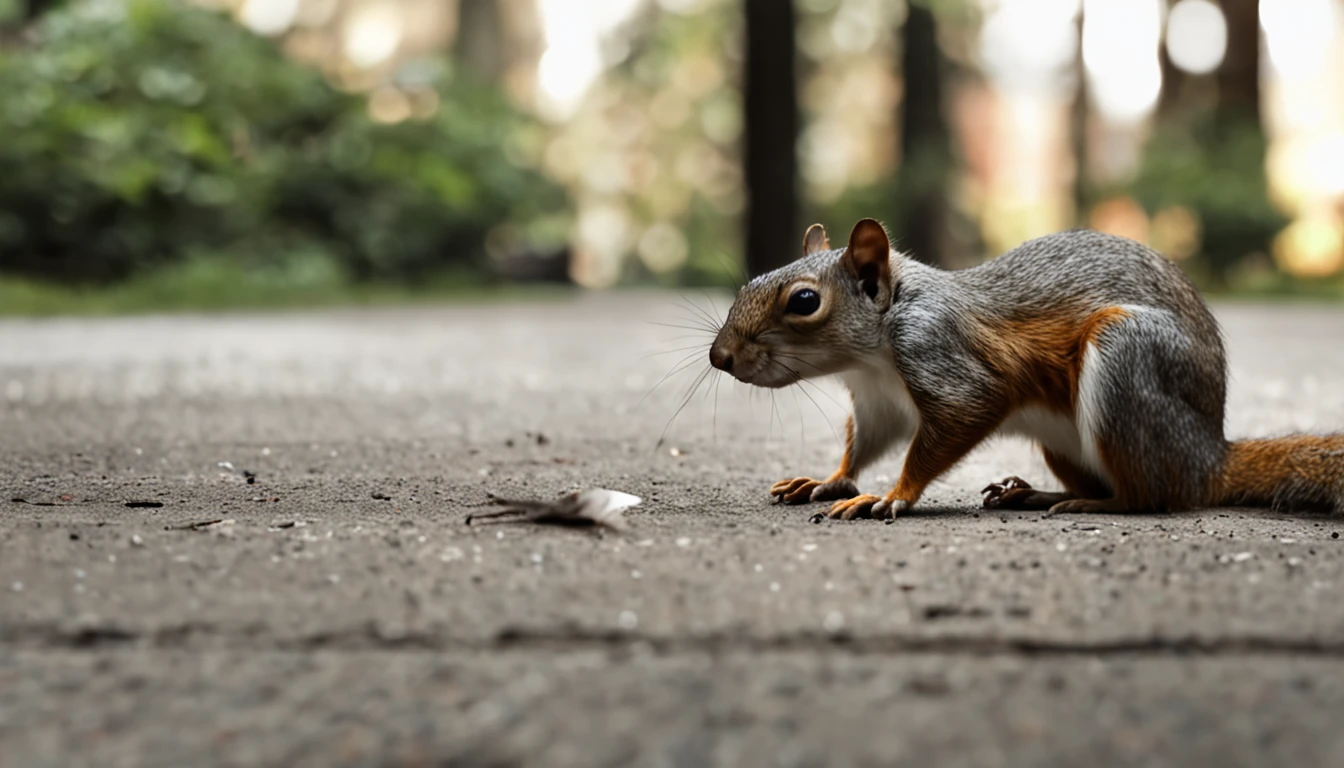 a skinny squirrel lying almost dead on a street in the USA lying on the ground thirsty and very mistreated