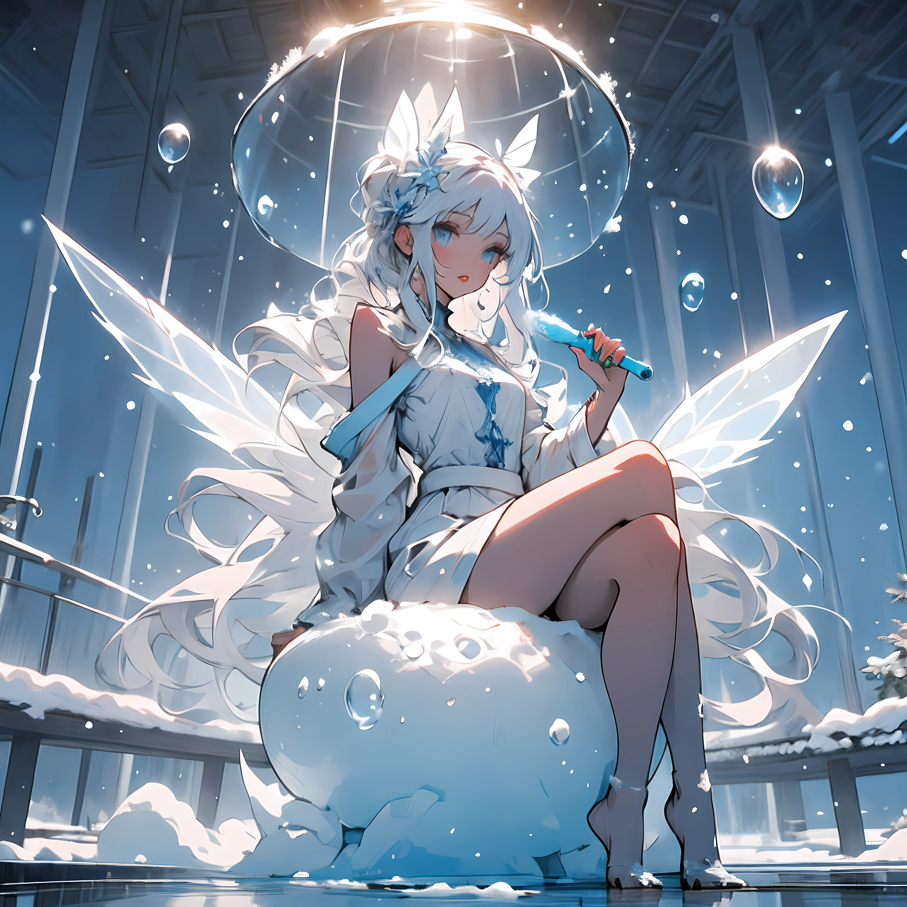 Water fairy, hair (as clear as water), beautiful deep blue eyes, fair skin (like snow), wearing white attire, expressive and intensely detailed beautiful eyes, thin lips, her wings are transparent, she is seated under a tree, holding a transparent soap bubble.