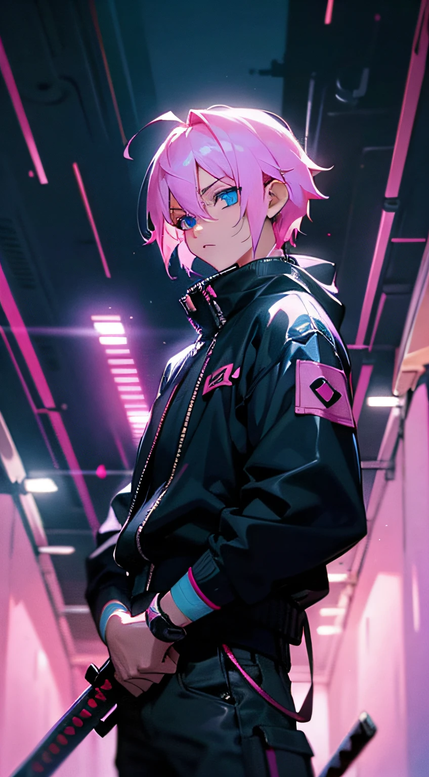 cyberpunk:1,6, blue eyes, pink hair, nightcore, masterpiece, dynamic light, night:, high quality, boy, katana