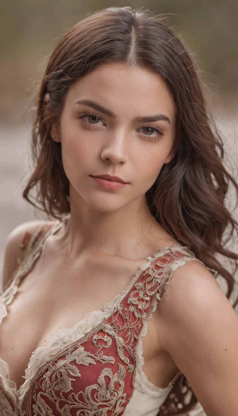 Hermosa joven morena con rulos, argentina, Standing on stage at a folk recital, Llevar una remera sin mangas con tirantes con el texto "Folclore Anuritay" impreso, Clothes in rustic colors, vaqueros, hipy, in front of camera, realista, Detalles de gran intrincado, (obra maestra ), 32K