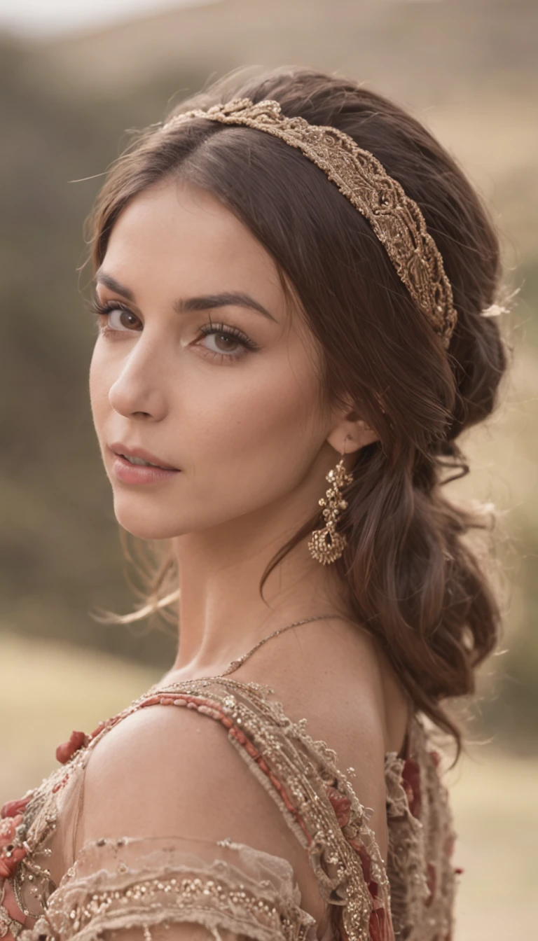 Hermosa joven morena con rulos, argentina, Standing on stage at a folk recital, Llevar una remera sin mangas con tirantes con el texto "Folclore Anuritay" impreso, Clothes in rustic colors, vaqueros, hipy, in front of camera, realista, Detalles de gran intrincado, (obra maestra ), 32K