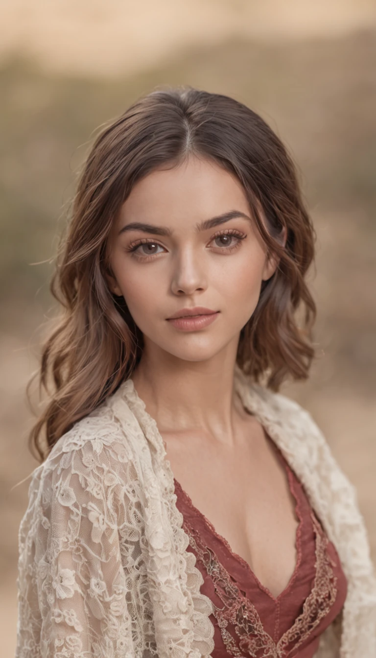 Hermosa joven morena con rulos, argentina, Standing on stage at a folk recital, Llevar una remera sin mangas con tirantes con el texto "Folclore Anuritay" impreso, Clothes in rustic colors, vaqueros, hipy, in front of camera, realista, Detalles de gran intrincado, (obra maestra ), 32K