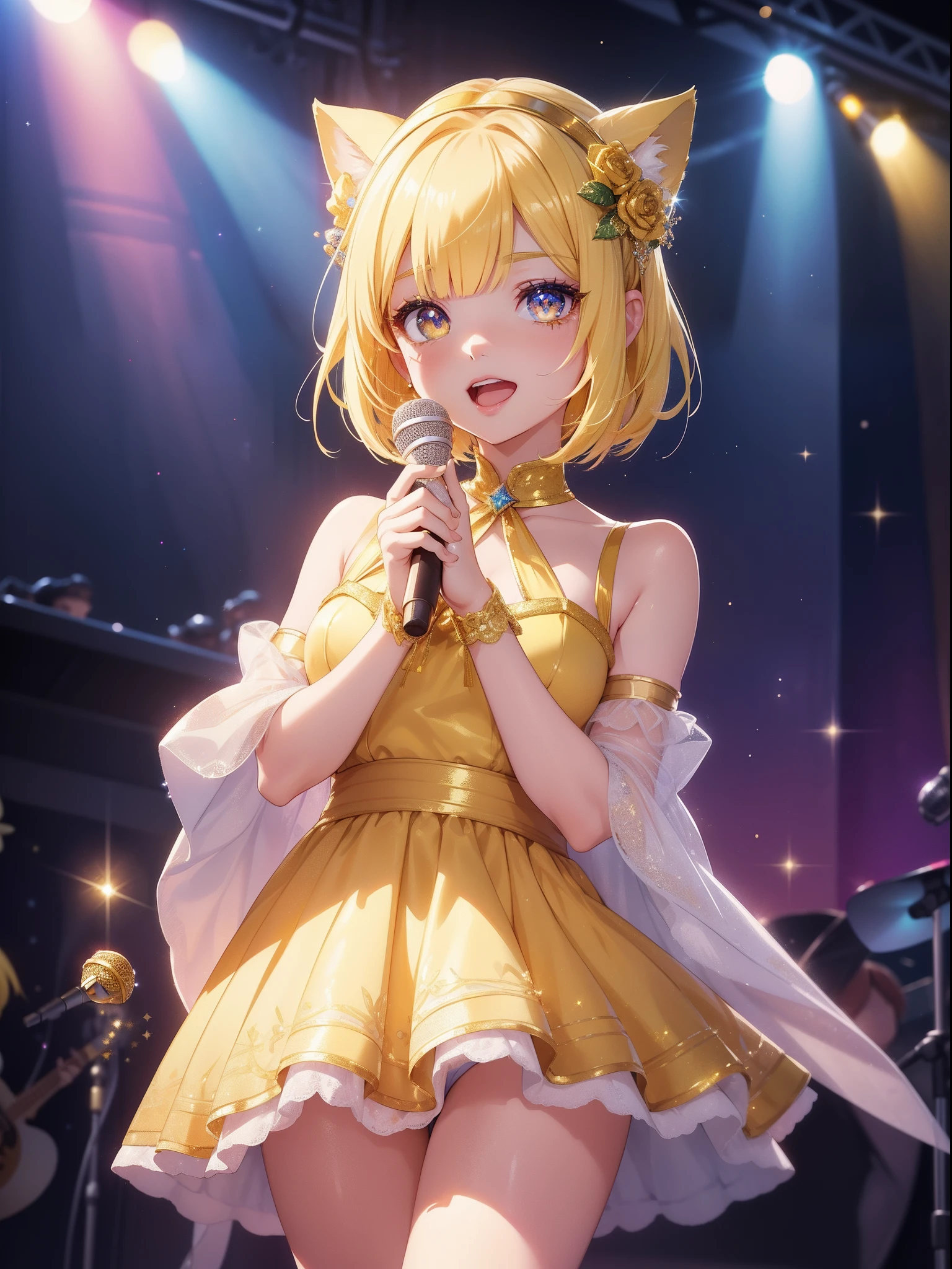 masutepiece, High resolution, 8K, anime woman, Delicate and detailed writing 、Detailed digital illustration、Short hair、perm、bob cuts、Shiny hair、Bangs、a very beautiful woman、Eyes are double, Large, Bust is D cup、High image quality, High quality、Detailed background、(((Wearing idol clothes)))、((Glittering live stage backdrop))、The inside of the eye shines like a diamond、Light yellow hair、Gradient pupil、(((2 arms、4 fingers, 1 thumb)))、Detailed female face、Very beautiful and cute woman、、细致背景、masterpiece、Soft Focus , Bright gradient watercolor , Lens Flare , (((Glitter))) , Glow , Dreamy , (((Holding a glitter microphone in your hand)))、a miniskirt、Idol、Yellow Ribbon、Very beautiful yellow rose hair accessories、Yellow and gold costume with white as the main color、((Straight at the angle of the front))、Glitter Cat Ear Headband、(((Take an idle pose)))、lively girl