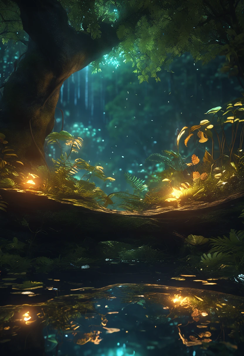 A masterpiece, the best quality, stunning reflections, the best reflections ever. (very detailed CG unity 8k wallpapers), (best quality), (best illustrations), (best shadows), forest theme with natural elements. Tall trees, quiet streams, small glowing mushrooms surrounded by delicate leaves and branches, with fireflies and glowing particle effects,, (natural elements), (jungle theme), (leaves), (twigs), (fireflies), butterflies, (delicate leaves), (glow), (particle effects). , Isometric 3D, Octane Rendering, Ray Traced, Super Detailed