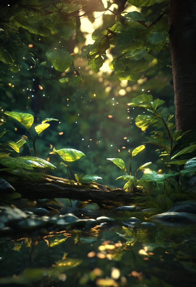 A masterpiece, the best quality, stunning reflections, the best reflections ever. (very detailed CG unity 8k wallpapers), (best quality), (best illustrations), (best shadows), forest theme with natural elements. Tall trees, quiet streams, small glowing mushrooms surrounded by delicate leaves and branches, with fireflies and glowing particle effects,, (natural elements), (jungle theme), (leaves), (twigs), (fireflies), butterflies, (delicate leaves), (glow), (particle effects). , Isometric 3D, Octane Rendering, Ray Traced, Super Detailed