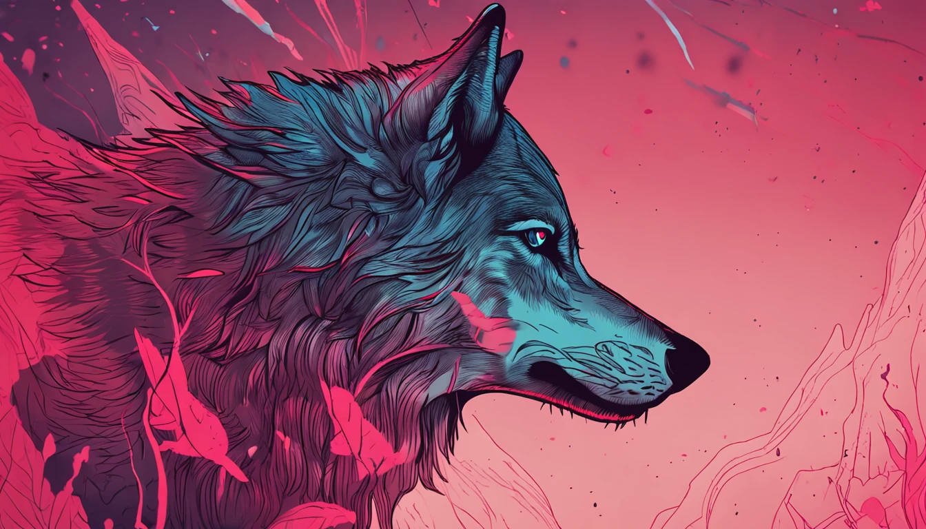 Wolf Line Art Logo, fundo negro, vermelho brilhante, realista,  minimal and pure,  — Wolf
