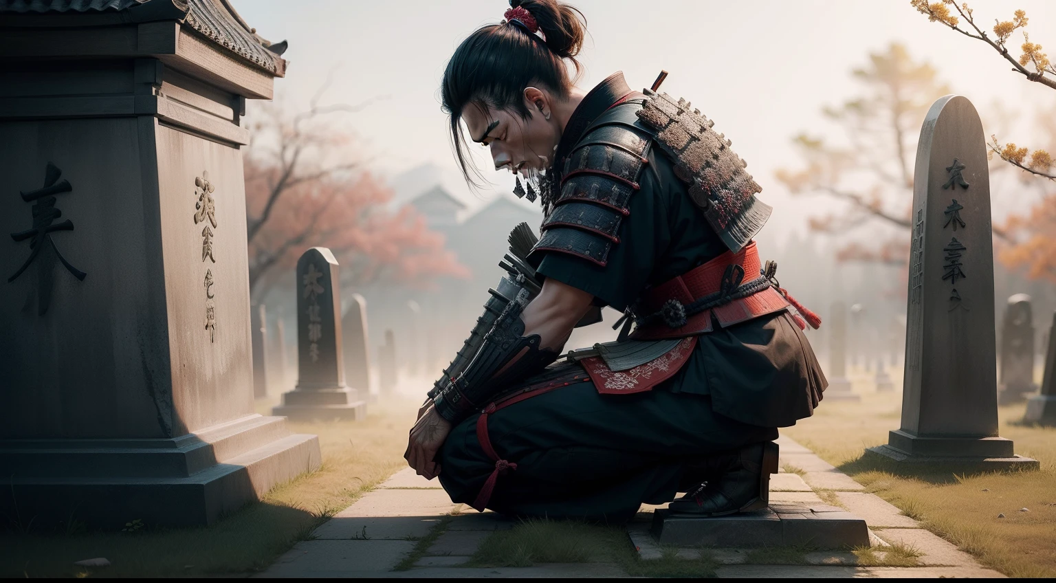 create realistic image of samurai kneeling with head down sad on a tombstone
