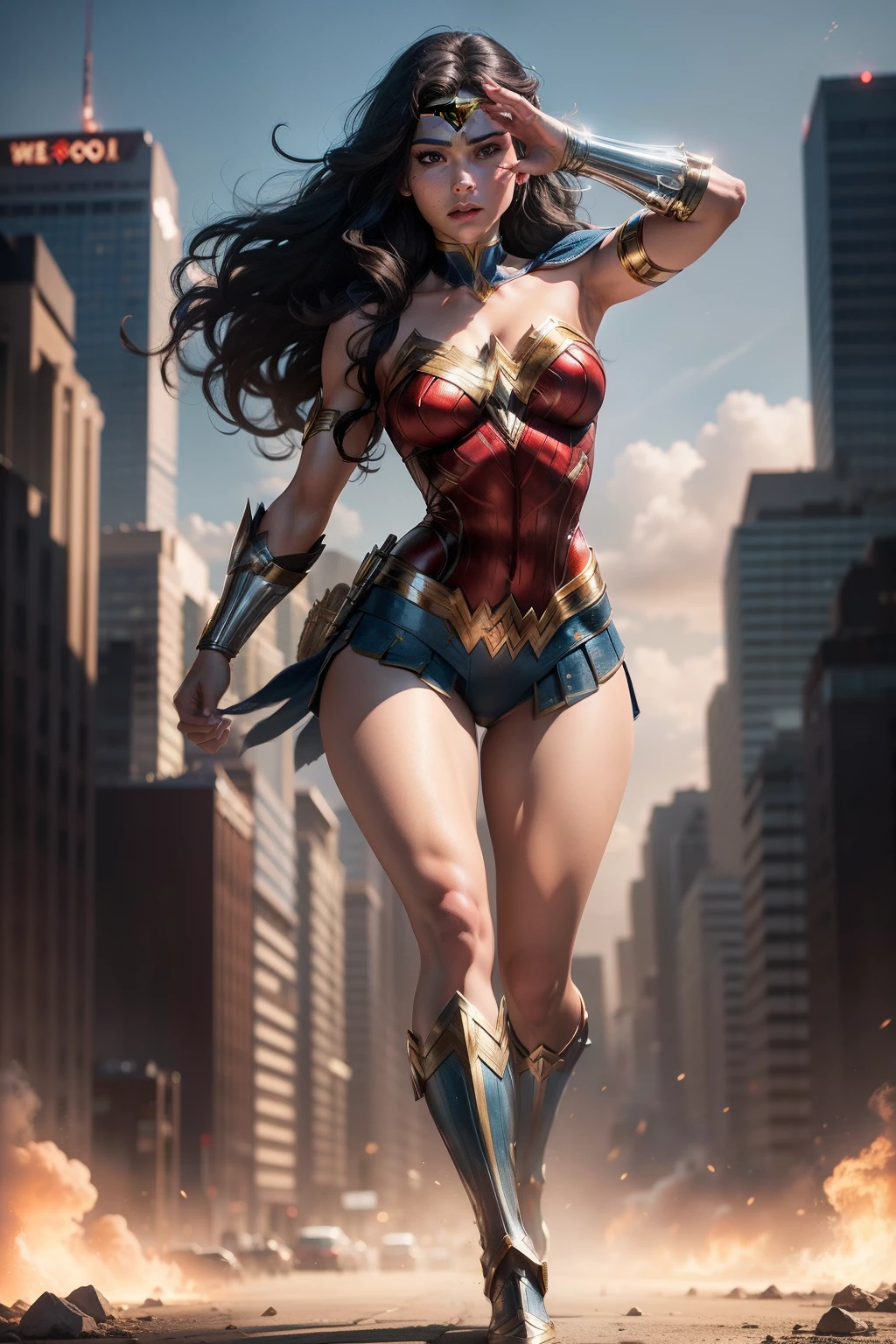 full body portrait of wonderwoman, in action pose, city background, mejor calidad, (belleza), (muy fino y hermoso), (Obra maestra, La mejor calidad, Ultra detallado)