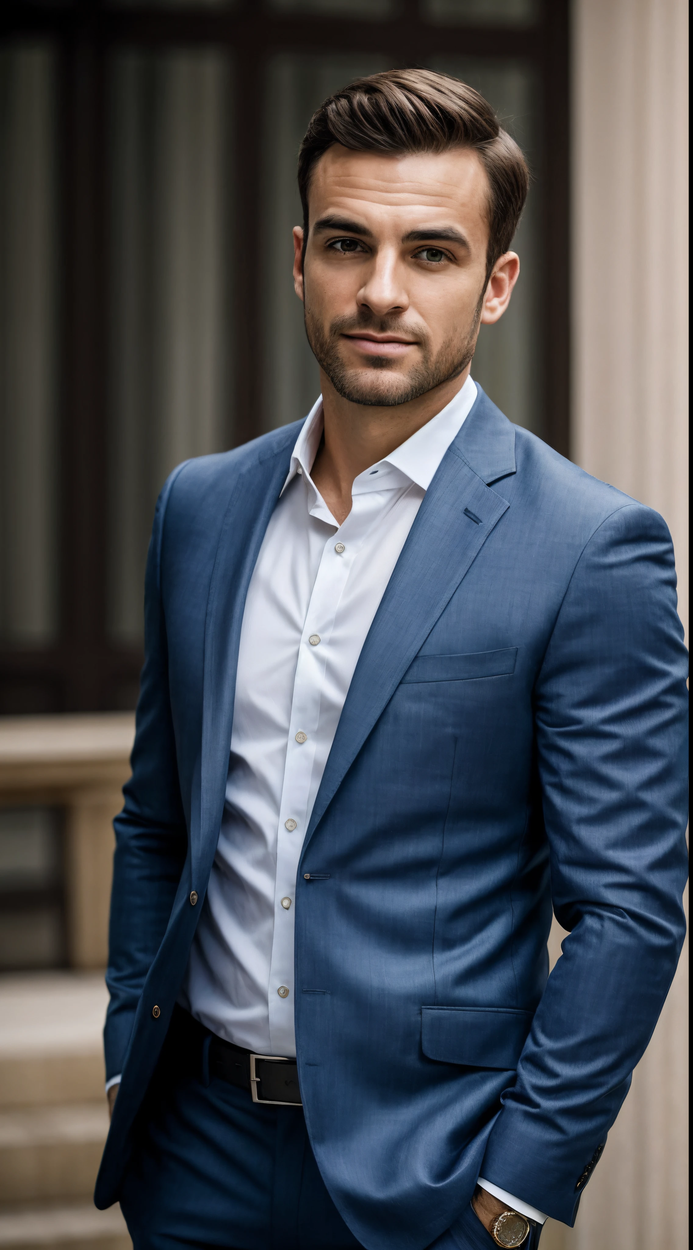 Style: {Hyper-realistic:1.3}, {Hyper-detailed:1.3}, {16k resolution:1.2}, {Cinematic quality}, {Hyper-sharpness}:1.3.
 (1man), (an important executive), (close UP):1.4, {extremely real skin/+sharpness}:1.5, (bearded), (elegant and handsome), (very pale skin), (realistic textured skin):1.3, (skin pores):1.2, (realistic hair):1.3, (full body), (suit) (business clothes):1.3, (realistic clothes).
 [looked imposing], [confident man], [hyper realism], [The scene remains majestic and detailed], [with a cluttered environment that may include elements of a high-level executive office].  Effect: "Volume lighting", "depth of field", "great shutter aperture", "better shutter speed", "good sharpness", "anti-aliasing", "great RAW camera", "good curves and levels", " nice sharpen", "nice Guassian Blur filter", "great unsharp mask for depth of field effect and detail enhancement", (octane rendering)", "professional shading", "soft dynamic light" "soft shadows:" , "dynamic shadows ", "cinema toning", "midjourney style v5.2", "steady diffusion", "background blur effect", "gloss blur" "overall sharpness", professional focus mode", "post-professional production", "Fujifilm XT3 film grain".