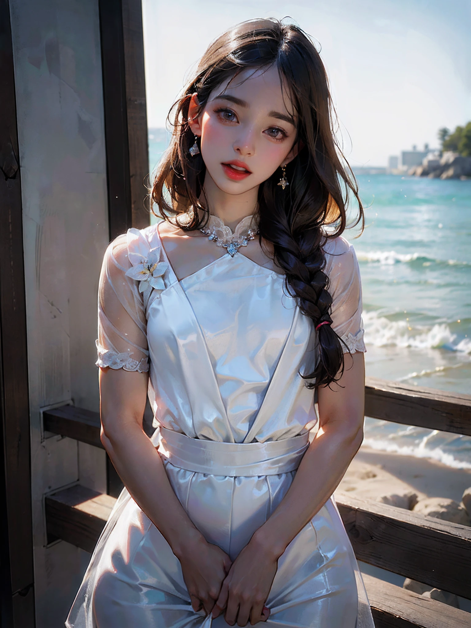 ((Best Quality)),((photo realistic)),((absurdres,ultra highlres,highly detailed)),(professional lighting),(open mouth:1.3),((embarassed)),(brown eyes:1.2),(beautiful detailed eyes),(pretty pose),Thick eyebrows,droopy eyes,straight eyebrows,Falling eyebrows,(large iris),(narrow face:1.2),(close-set eyes),(plump lips:1.2),(Glossy lips),lipstick,blush,Beautiful,(beautiful Japanese Lady),1girl,(young),(transparent dress:1.6),(tall body:1.2),(slender),(curvy hips),(round hips),Muscular arms,Muscular legs,(wide forehead),(Pulled back hair),braid,Perfect Anatomy,(flat chest:1.3),Black medium hair,(Straight hair),Necklace,Accessories,(muscular:1.25),(Highly detailed face),(beach)