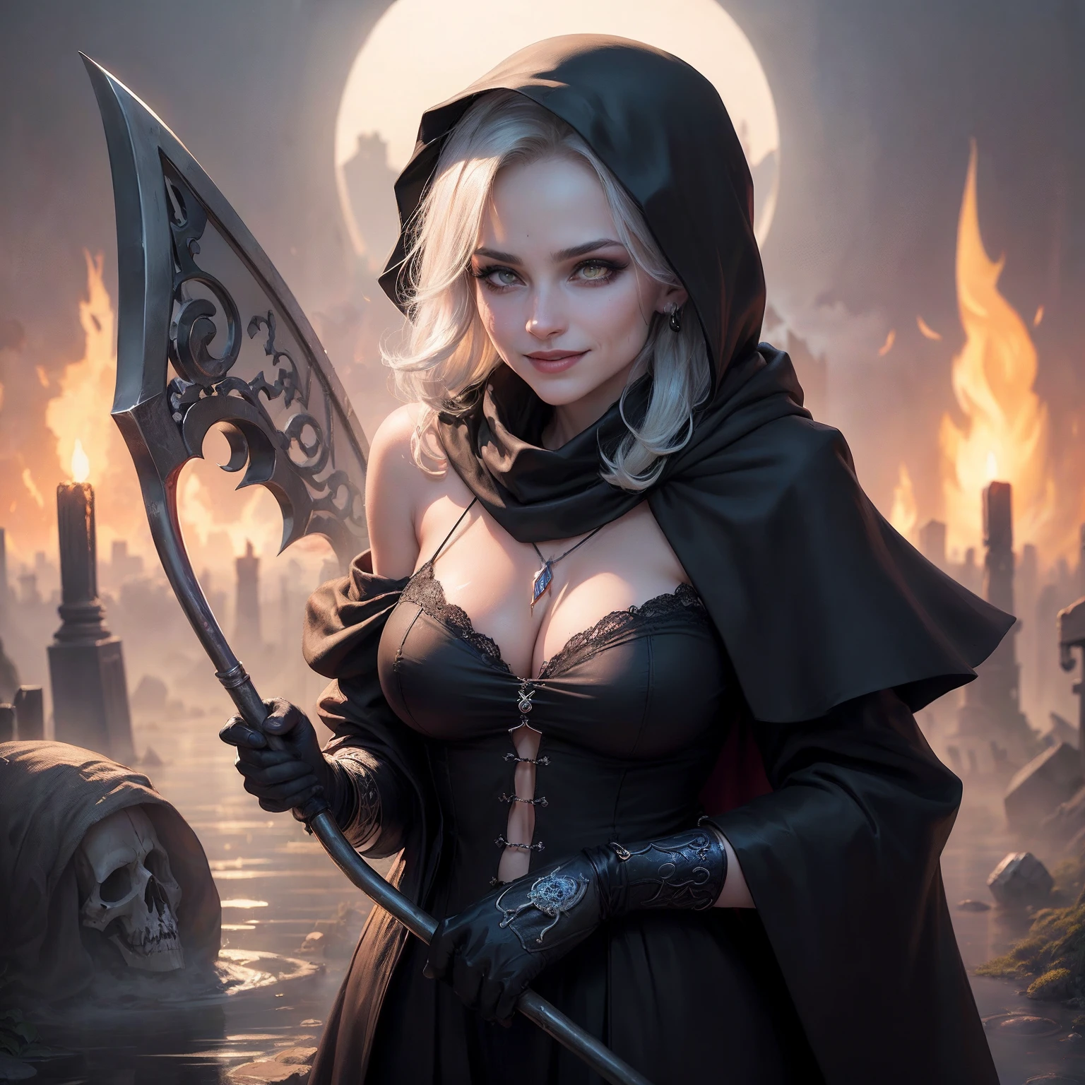 (Numerous award-winning masterpieces, with incredible detail, textures and maximum detail), (hyper realistic:1.4), (realistic:1.3), (upper body up:0.3), (best quality real texture skin), (finely detailed true circle eyes), (finely Detailed and beautiful face:1.4), (Aesthetic and decadent image:1.5), (grim reaper:1.4), (icy look in the eye), (she has a nasty smile on her face but her eyes aren't smiling:1.3), (whole body image:1.5), (It has a soul-reaping scythe in its hand:1.5), (Eyes that glow red in the dark), (Dramatic Light), sacrificial altar, (A majestic sight), (Magic Circle of Ominous Shine:1.3), Her countenance is gentle and beautiful, but somehow terrifying, (Large wings with ragged black feathers behind shoulders:1.3), (whole body image:1.5), (Wears a dark black hooded robe with intricate patterns:1.2), (A sack containing reaped souls with a faint glow:1.5), Folded wings, Earrings with a skull pattern, (Followed by Skeleton Reaper: 1.3), (((dramatic photo))), (twilight), (sunset), (dusk), ((dramatic pose)), (flamboyant photo), (golden hair), (silver hair), (chestnut hair), ((looks up)), ((looking down)), (whole body image:1.5), (Around her neck is a simple necklace of exquisite workmanship), Forgotten Tomb Overgrown with Vegetation, Great Tomb, Underground Labyrinth, Evil Temple Ruins, Sacrificial Temple, Mysteriously, Ancient Castle Ruins, Deserted Graveyard Ruins, Crumbled Ancient Tomb, Stagnant Water Ancient Ruins, Swamp Ruins, wavelets, running water, Shining majestic cloud masses and sky, lightning bolt,