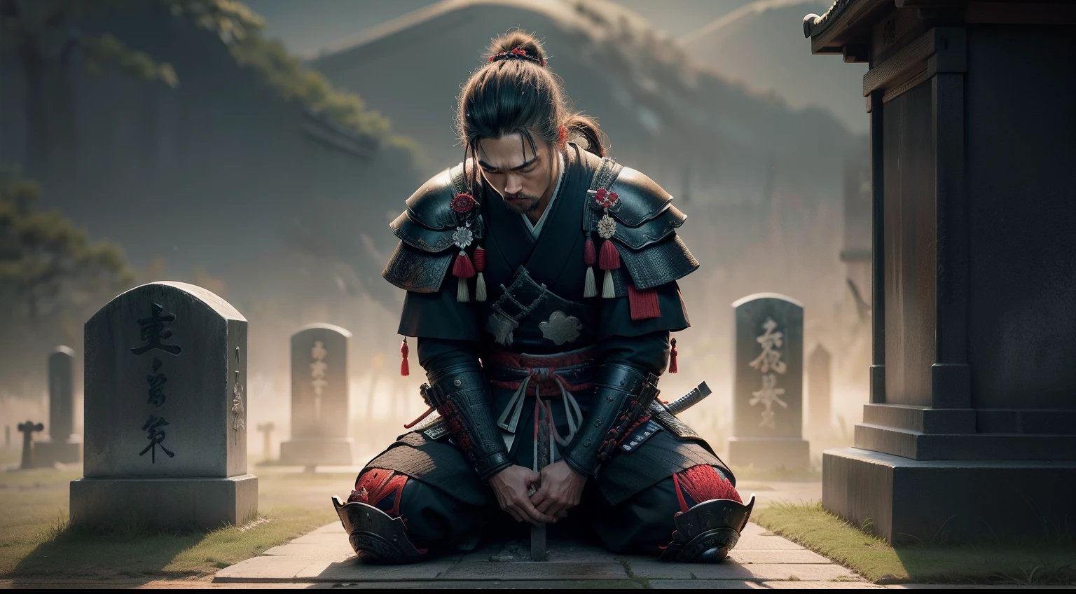 create realistic image of samurai kneeling with head down sad on a tombstone