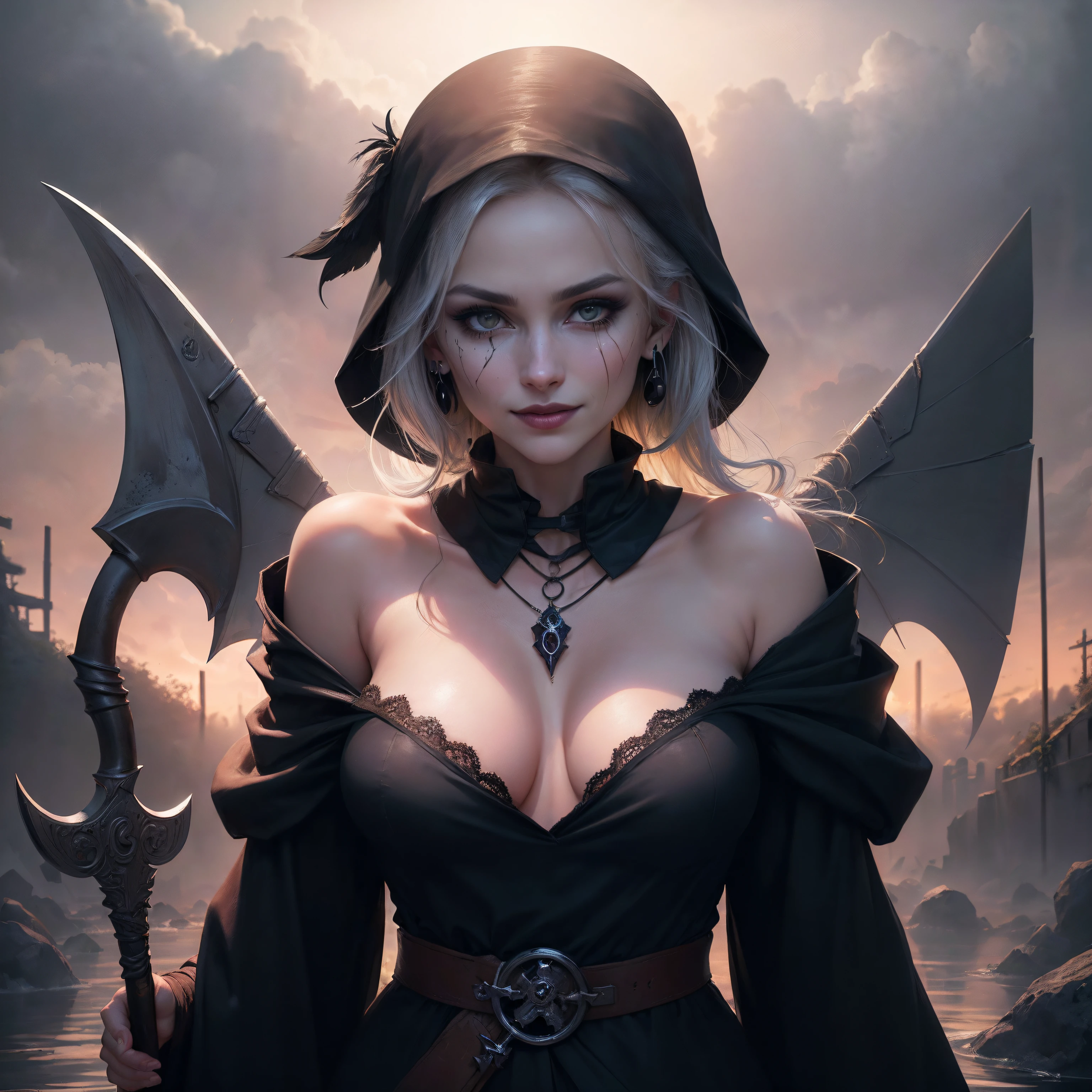 (Numerous award-winning masterpieces, with incredible detail, textures and maximum detail), (hyper realistic:1.4), (realistic:1.3), (upper body up:0.3), (best quality real texture skin), (finely detailed true circle eyes), (finely Detailed and beautiful face:1.4), (Aesthetic and decadent image:1.5), (grim reaper:1.4), (icy look in the eye), (she has a nasty smile on her face but her eyes aren't smiling:1.3), (whole body image:1.5), (It has a soul-reaping scythe in its hand:1.5), (Eyes that glow red in the dark), (Dramatic Light), sacrificial altar, (A majestic sight), (Magic Circle of Ominous Shine:1.3), Her countenance is gentle and beautiful, but somehow terrifying, (Large wings with ragged black feathers behind shoulders:1.3), (whole body image:1.5), (Wears a dark black hooded robe with intricate patterns:1.2), (A sack containing reaped souls with a faint glow:1.5), Folded wings, Earrings with a skull pattern, (Followed by Skeleton Reaper: 1.3), (((dramatic photo))), (twilight), (sunset), (dusk), ((dramatic pose)), (flamboyant photo), (golden hair), (silver hair), (chestnut hair), ((looks up)), ((looking down)), (whole body image:1.5), (Around her neck is a simple necklace of exquisite workmanship), Forgotten Tomb Overgrown with Vegetation, Great Tomb, Underground Labyrinth, Evil Temple Ruins, Sacrificial Temple, Mysteriously, Ancient Castle Ruins, Deserted Graveyard Ruins, Crumbled Ancient Tomb, Stagnant Water Ancient Ruins, Swamp Ruins, wavelets, running water, Shining majestic cloud masses and sky, lightning bolt,