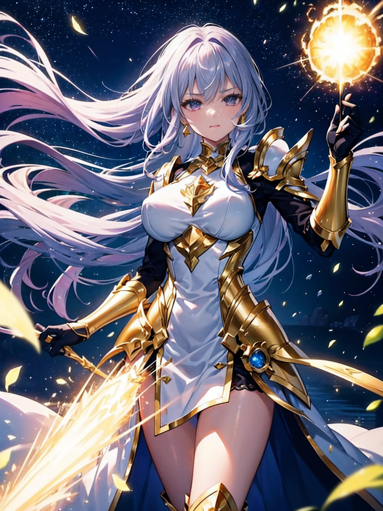 (((masterpiece)))、(((top-quality)))、((ultra-detailliert))、(illustratio)、((extremely delicate and beautiful))、、Bright smile、floating、Light purple hair、(Detailed light) (1girl in)、、独奏、The long-haired、The wind is blowing、A WORLD、(cute eye:1.5)、starryskybackground,Wearing shiny gold armor, Sexy lingerie type armor,Expose your breasts,Exposing the waistline,Exposing thighs,Cool pose, Saint Seiya's Armor, dishevled hair,high detal, Anime style, Cinematic lighting, spark of light, God Light, Ray traching, film grains, hyper HD, textured skint, super detailing, anatomical correct, hight resolution,super high saturation,highly contrast,High-gloss armor,slick skin,serious facial expression,Dark room,