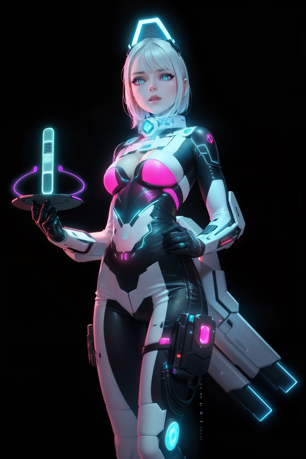 Perfect beauty face, cleavage cutout, realistic and intricate beautiful face girl in realistic sci-fi plugsuit outfit in neon-lit, (((symmetrical eyes, realistic, sharp focus))), masterpiece, 4k, UHD