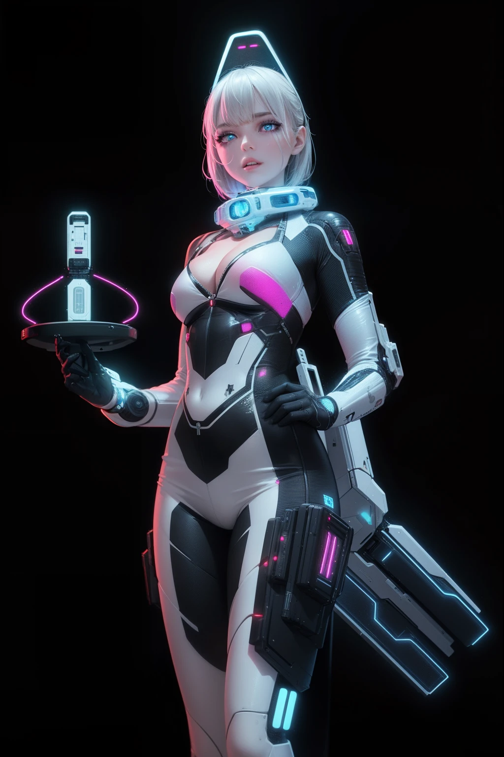 Perfect beauty face, cleavage cutout, realistic and intricate beautiful face girl in realistic sci-fi plugsuit outfit in neon-lit, (((symmetrical eyes, realistic, sharp focus))), masterpiece, 4k, UHD